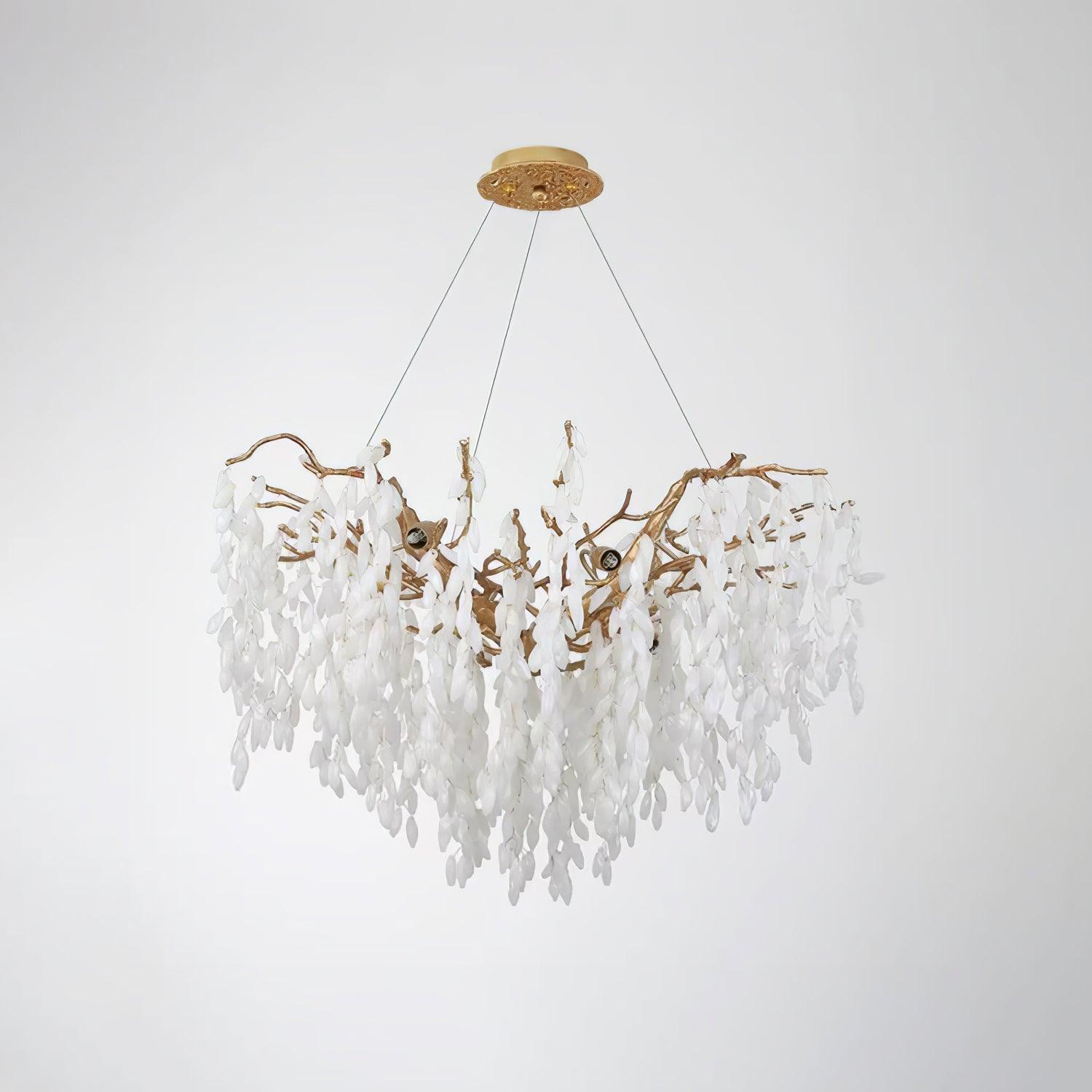 Modern White Jade Leaf Branch Brass Chandelier Luxury Hanging Pendant Light