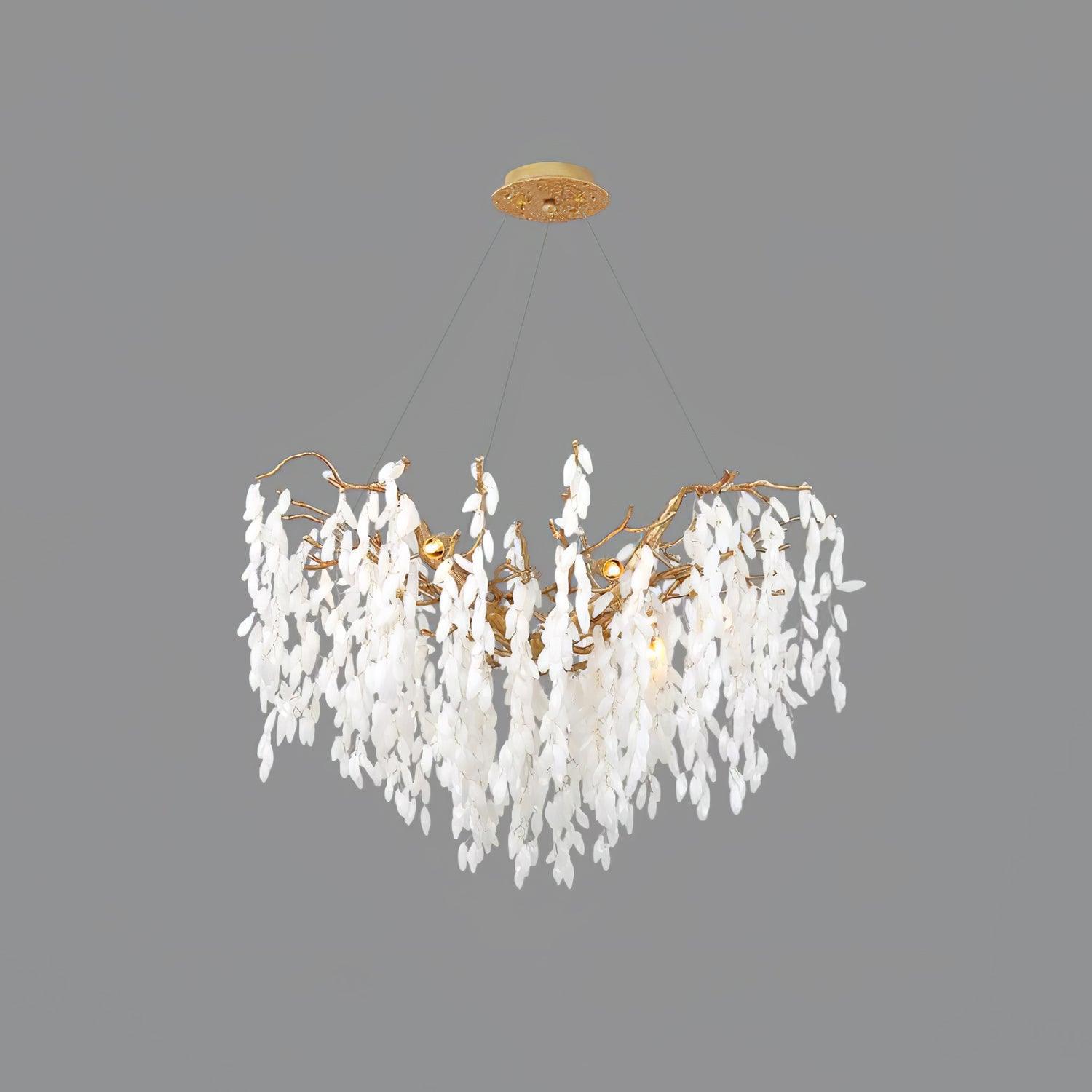 Modern White Jade Leaf Branch Brass Chandelier Luxury Hanging Pendant Light