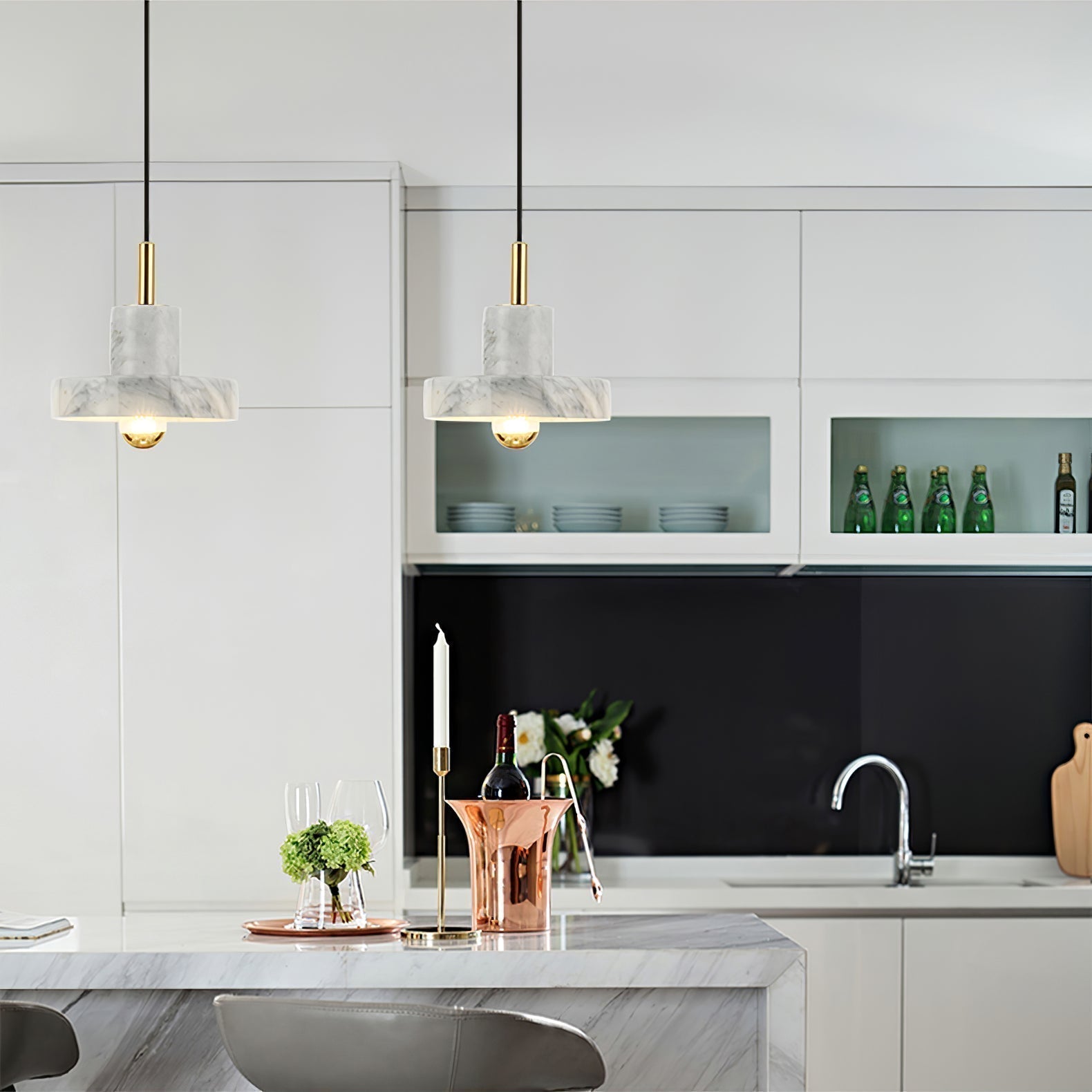 Modern White Marble Aura Hanging Lamp Natural Stone Pendant Light with Integrated LED