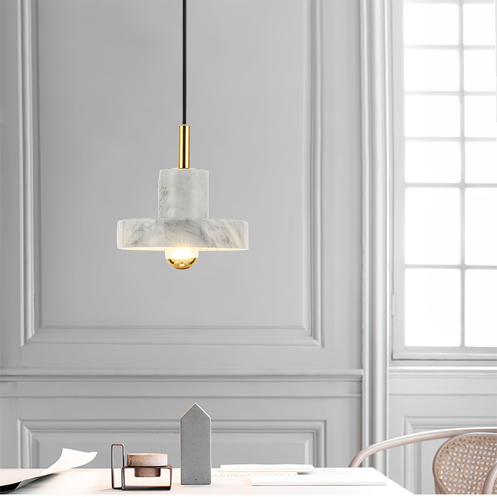 Modern White Marble Aura Hanging Lamp Natural Stone Pendant Light with Integrated LED