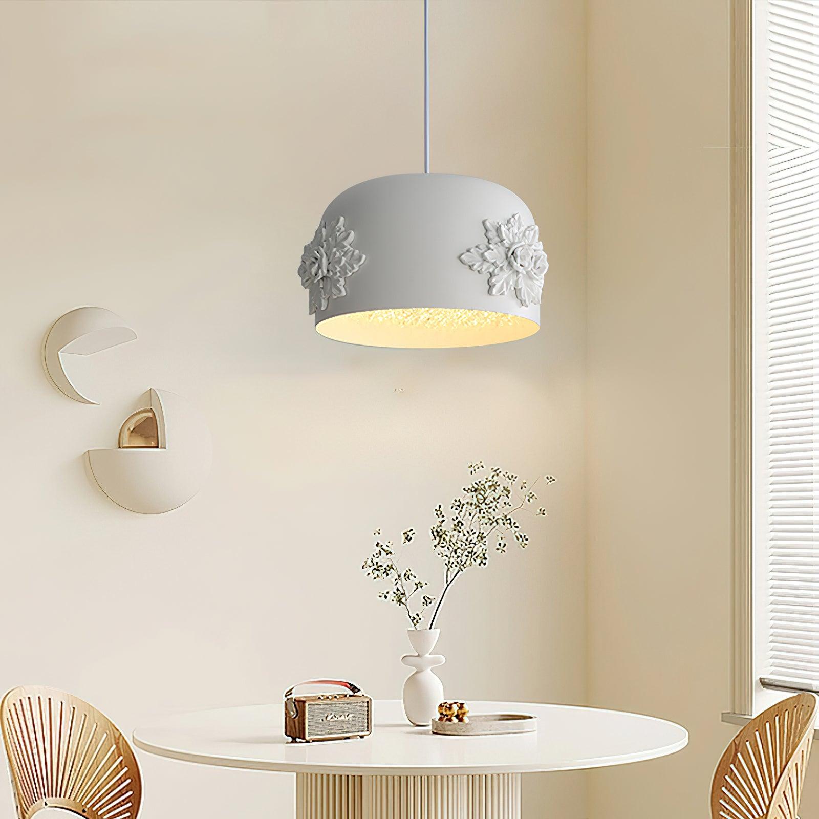 Modern White Resin LED Pendant Light Hand Carved Ceiling Hanging Lamp with Crystals