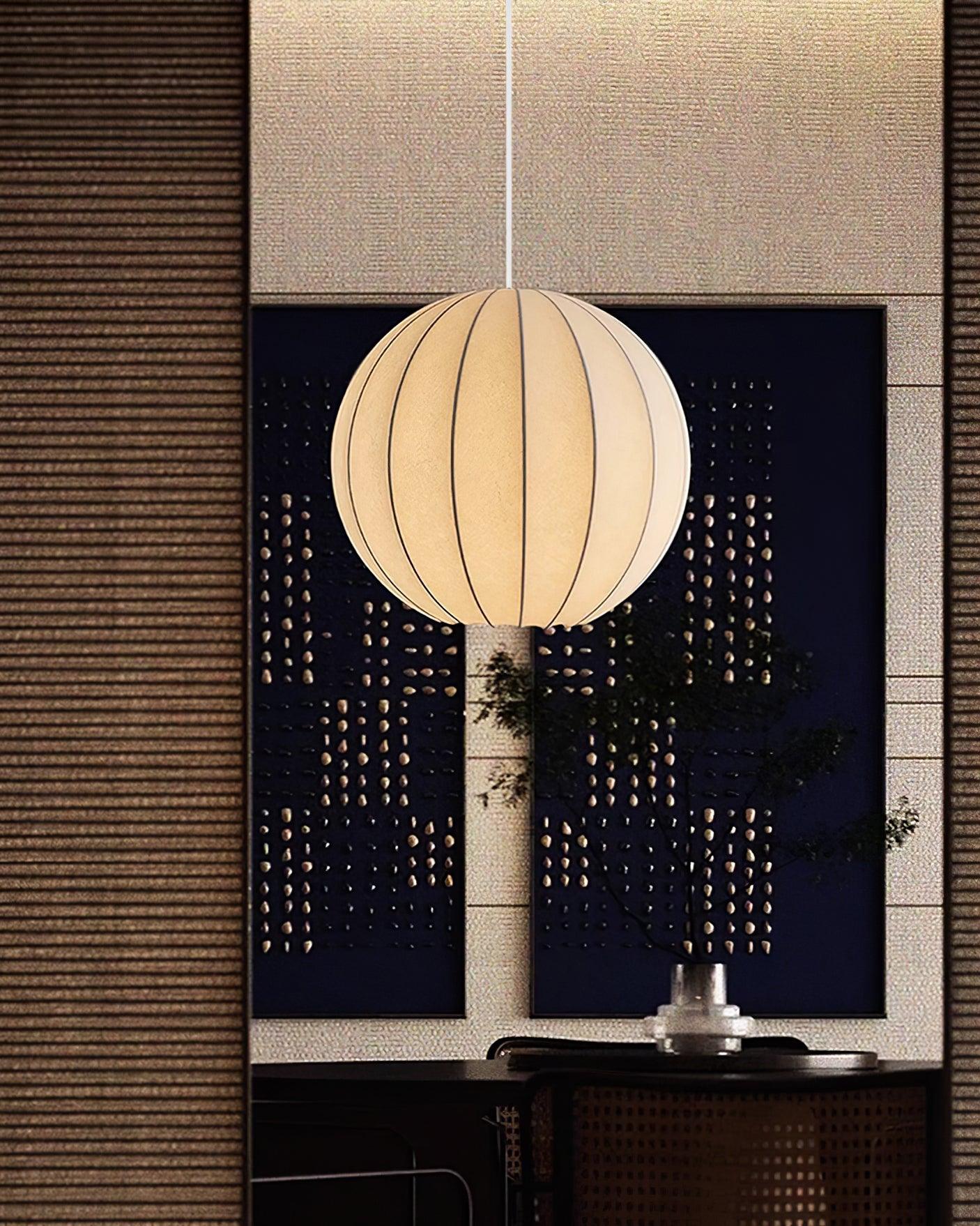 Modern White Silk Globe Pendant Light Minimalist Hanging Fixture for Living Room