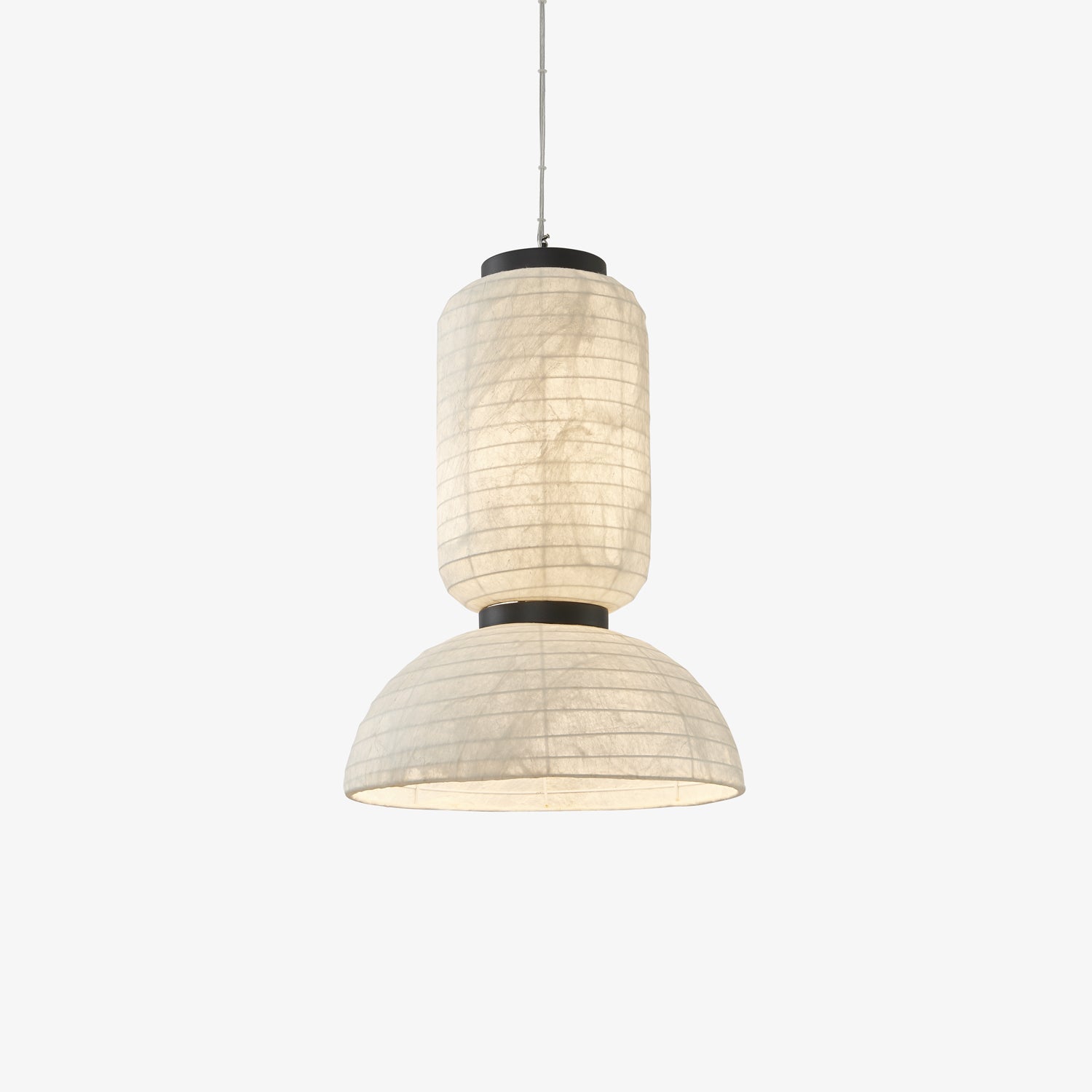 Modern White Silk Lantern Pendant Light with Oak Wood Details and Adjustable Hanging Cord