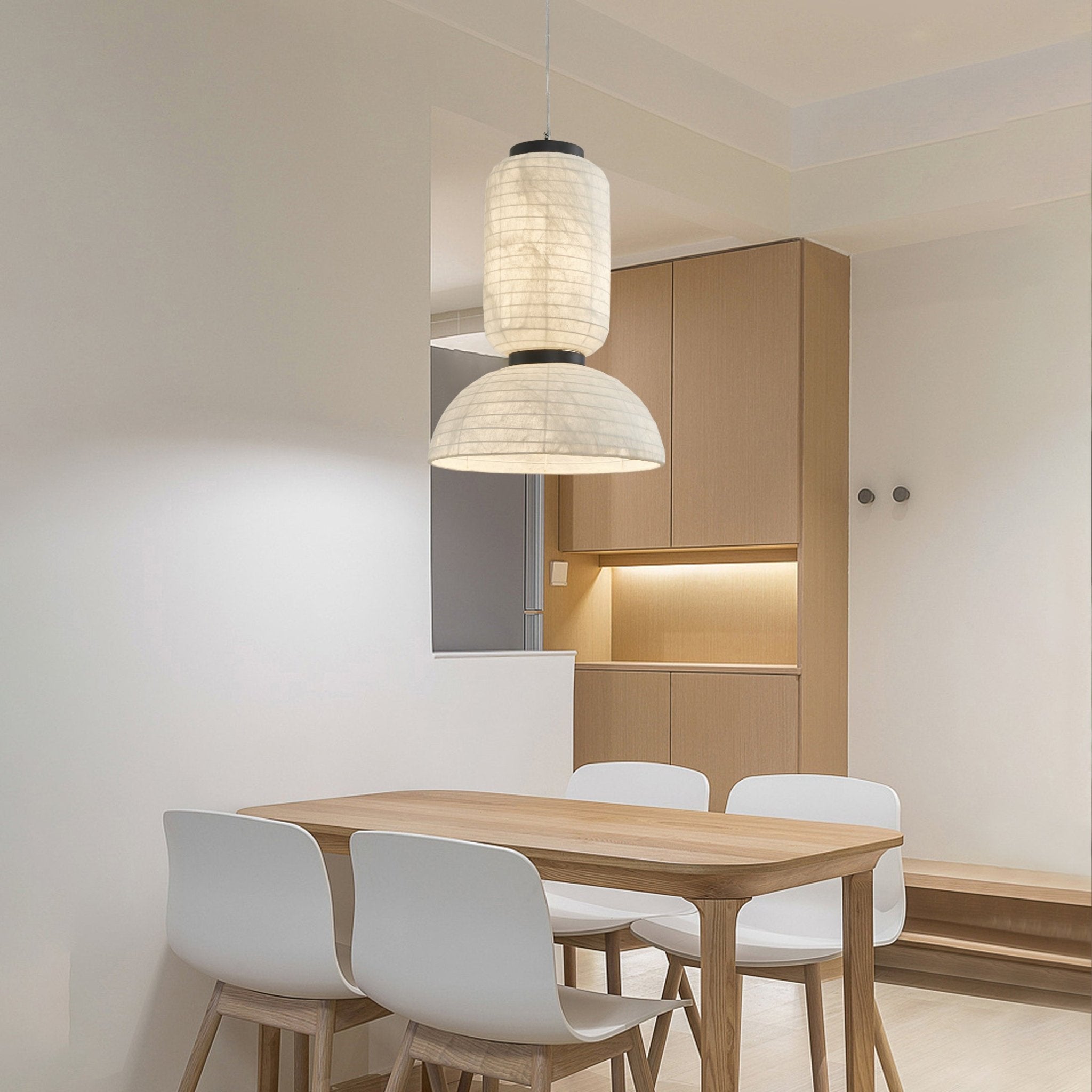 Modern White Silk Lantern Pendant Light with Oak Wood Details and Adjustable Hanging Cord