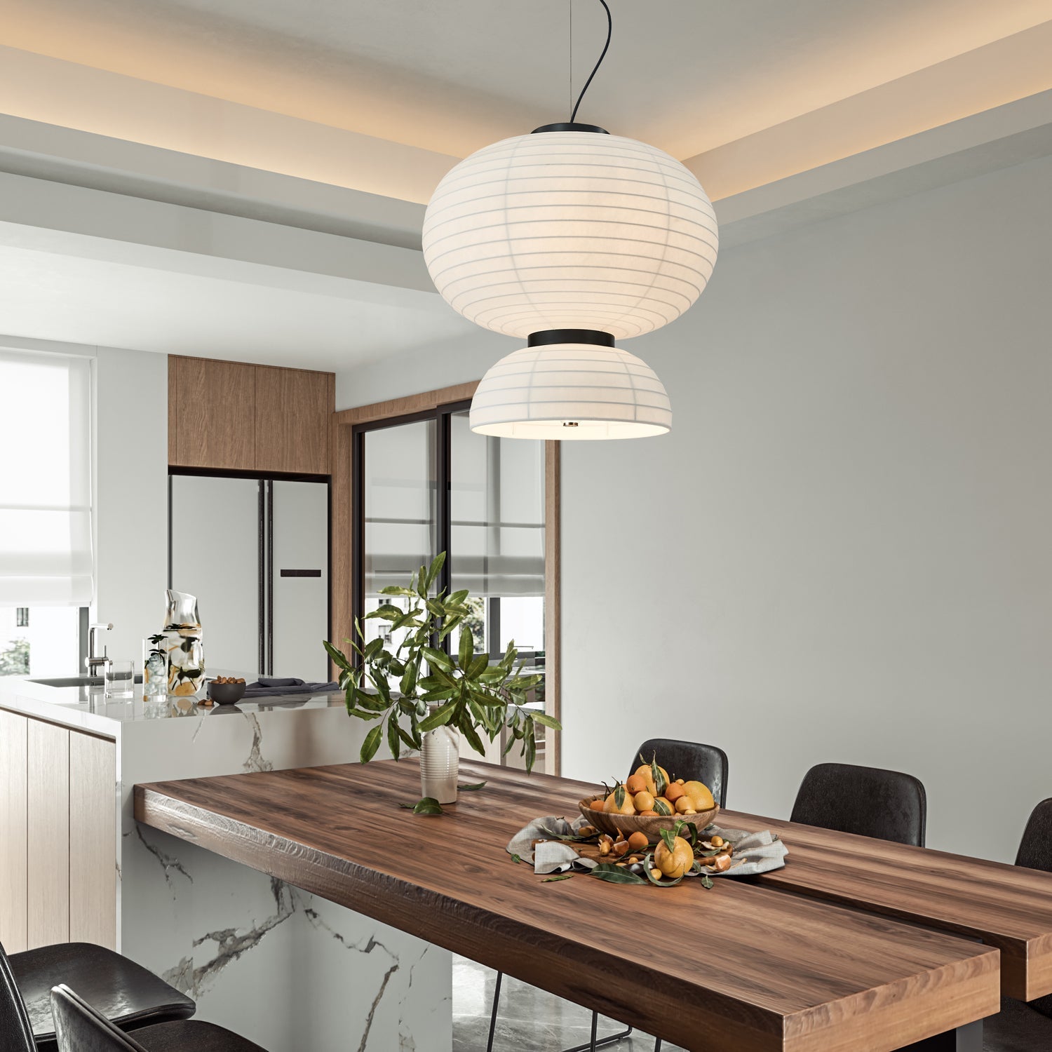 Modern White Silk Lantern Pendant Light with Oak Wood Details and Adjustable Hanging Cord