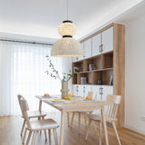 Modern White Silk Lantern Pendant Light with Oak Wood Details and Adjustable Hanging Cord