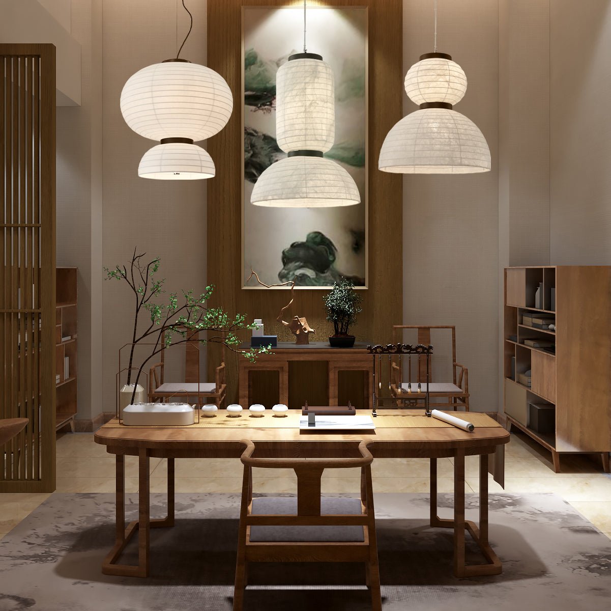 Modern White Silk Lantern Pendant Light with Oak Wood Details and Adjustable Hanging Cord