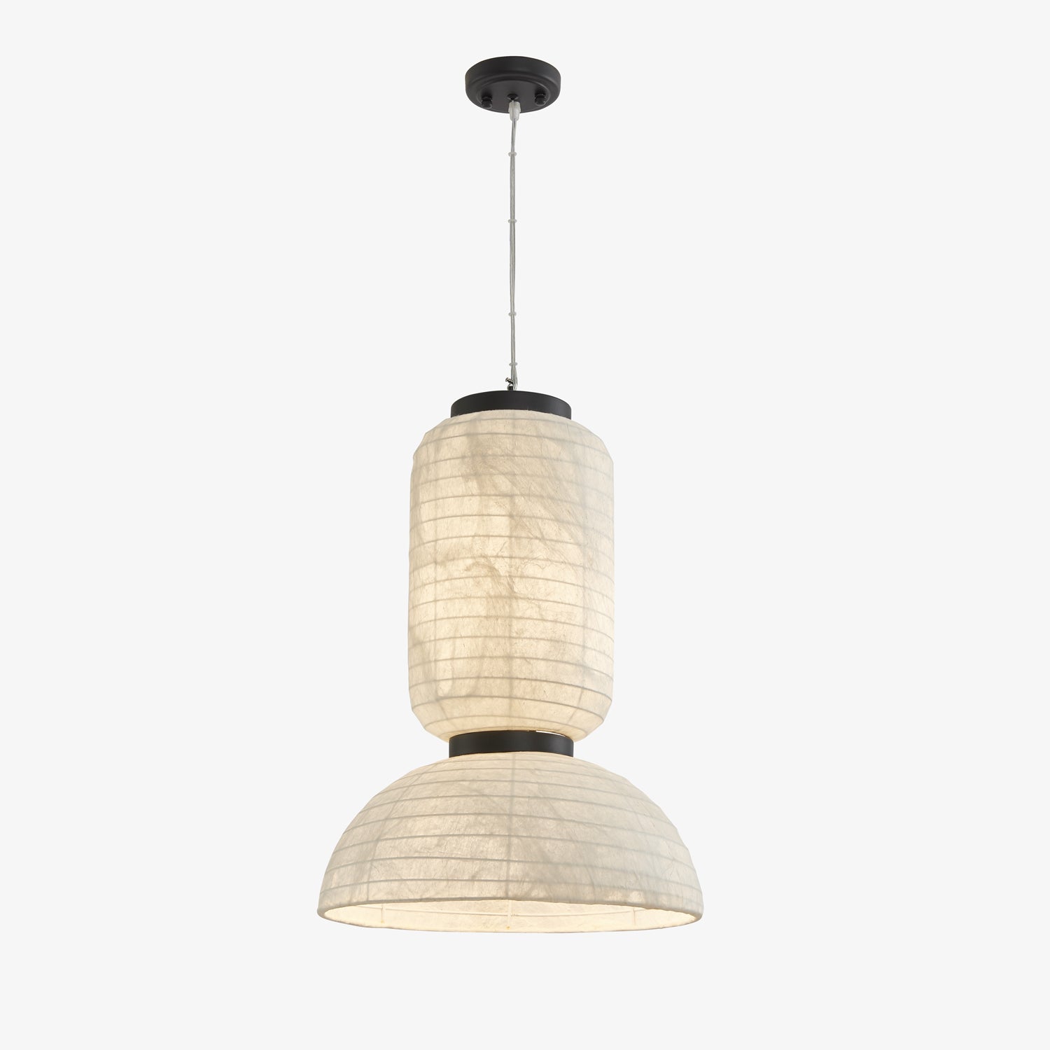 Modern White Silk Lantern Pendant Light with Oak Wood Details and Adjustable Hanging Cord