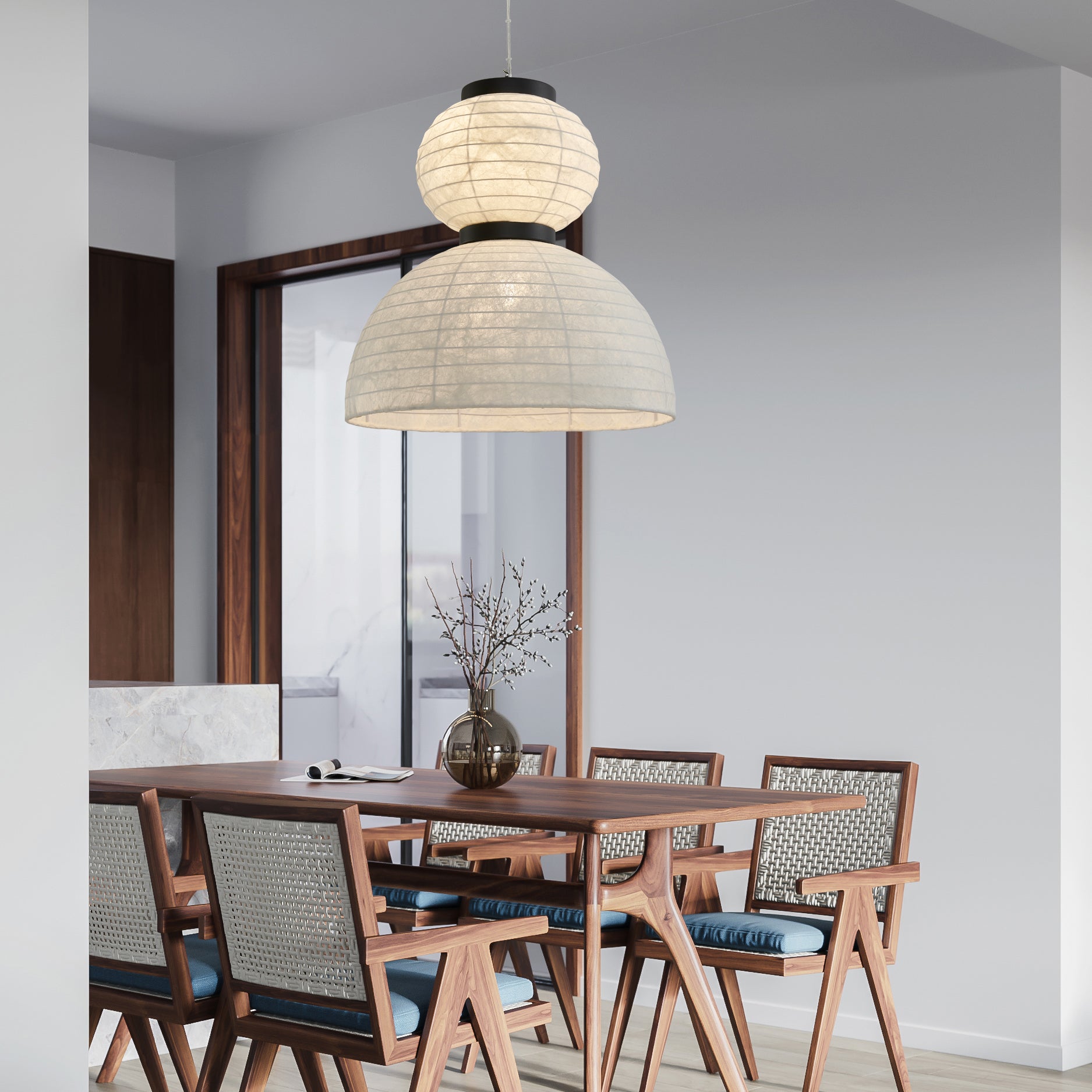 Modern White Silk Lantern Pendant Light with Oak Wood Details and Adjustable Hanging Cord