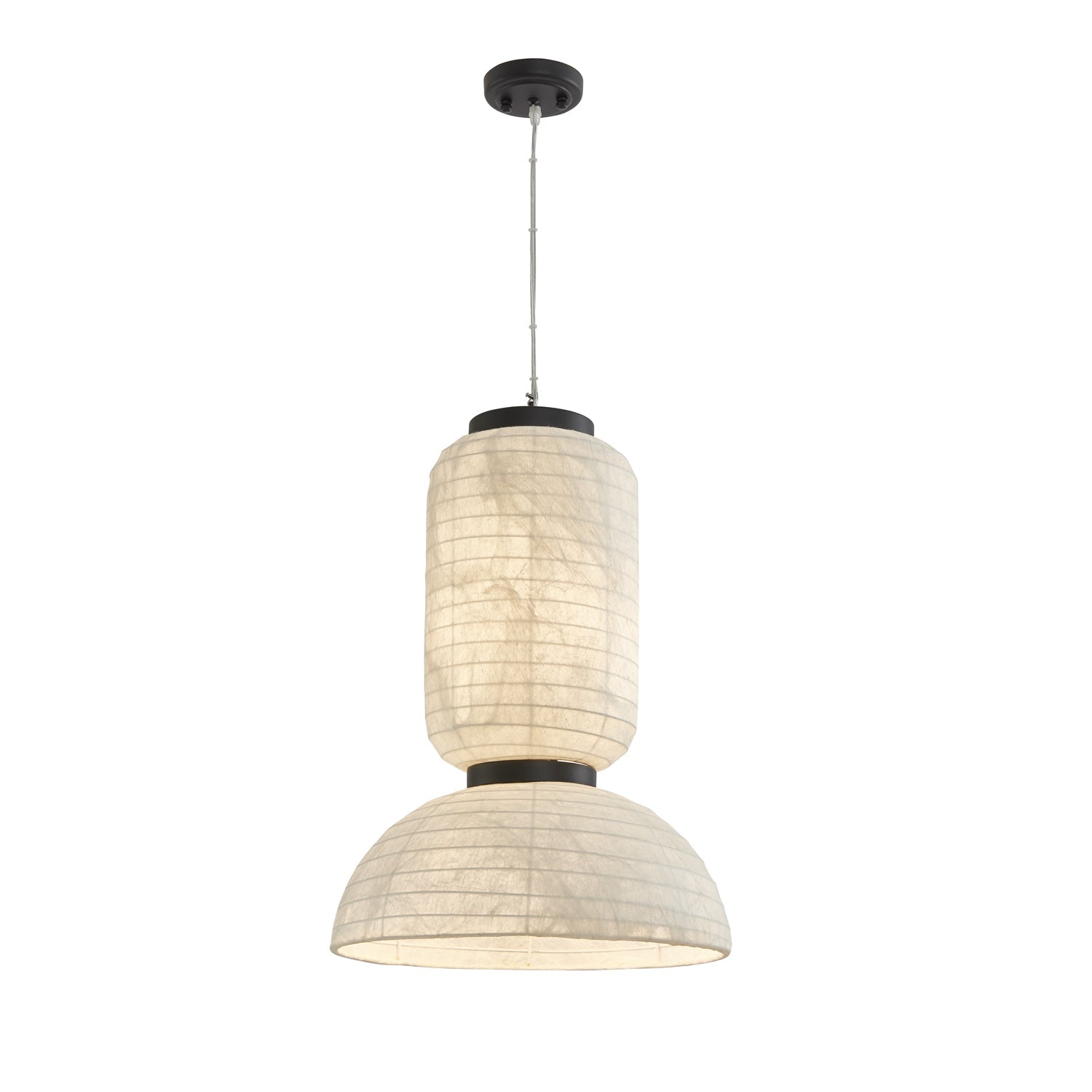 Modern White Silk Lantern Pendant Light with Oak Wood Details and Adjustable Hanging Cord