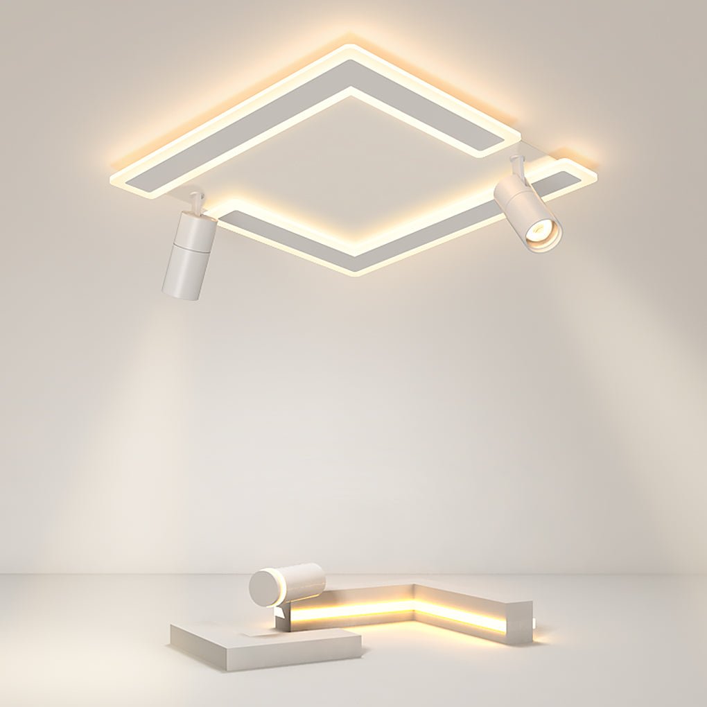 Modern White Square LED Flush Mount Ceiling Light with Two Rotating Spotlights and Dimmable Control