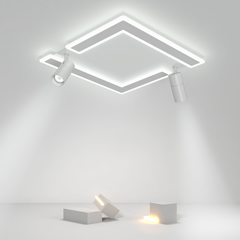 Modern White Square LED Flush Mount Ceiling Light with Two Rotating Spotlights and Dimmable Control