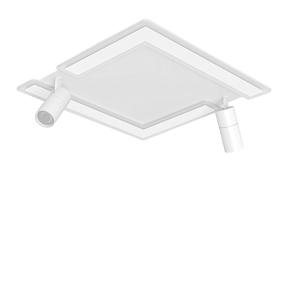 Modern White Square LED Flush Mount Ceiling Light with Two Rotating Spotlights and Dimmable Control