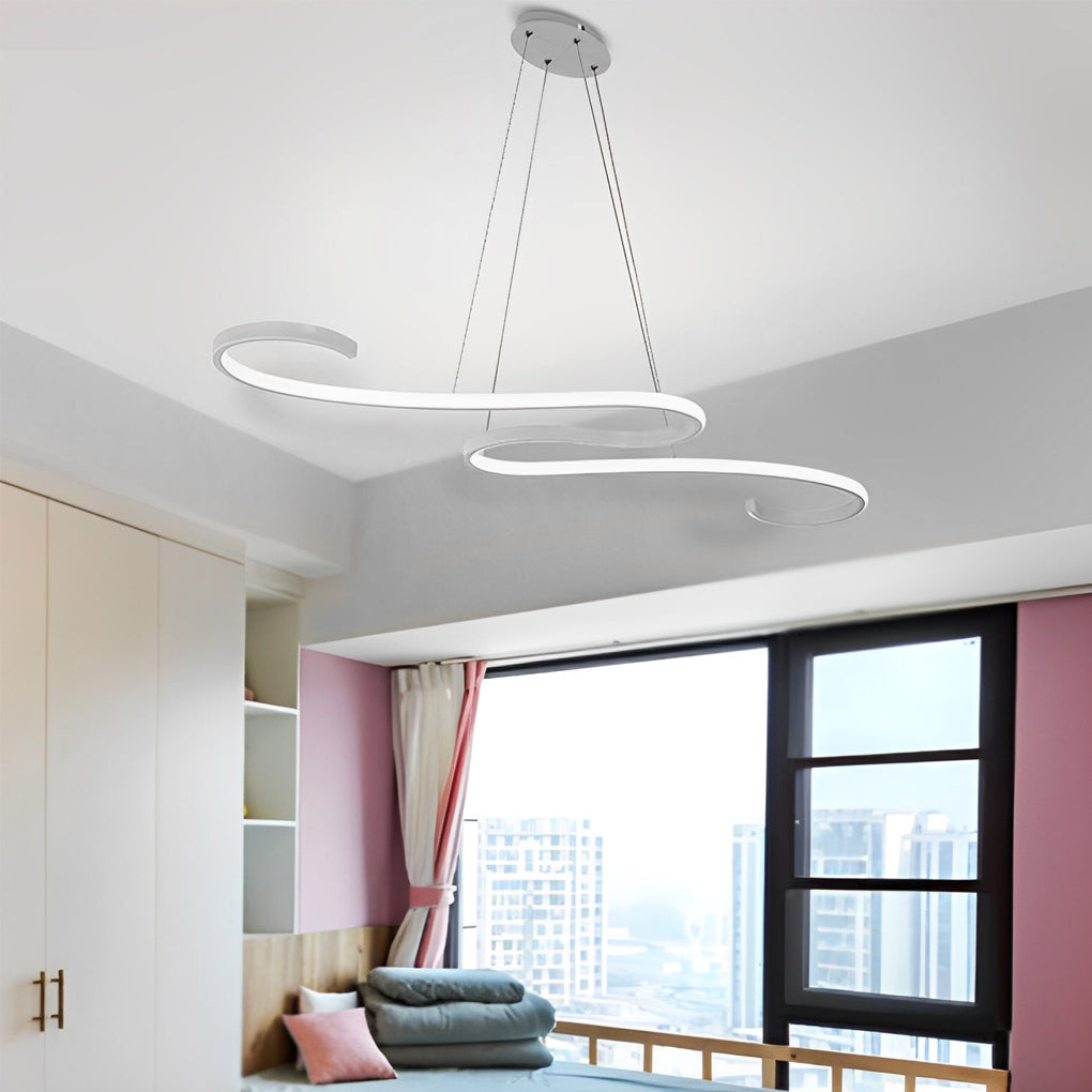 Modern White Wavy LED Chandelier Dimmable Minimalist Pendant Light for Living Room and Dining Area