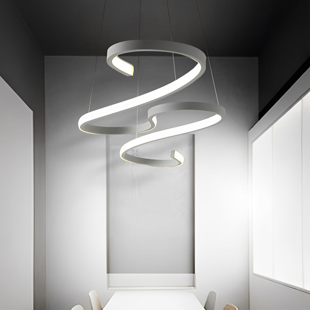 Modern White Wavy LED Chandelier Dimmable Minimalist Pendant Light for Living Room and Dining Area