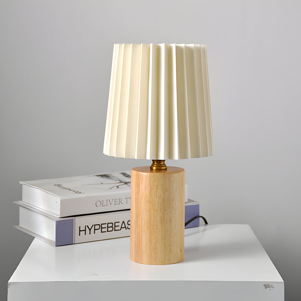 Modern Wood Column Table Lamp with Pleated Empire Fabric Shade for Bedroom and Office