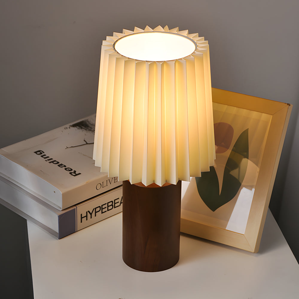 Modern Wood Column Table Lamp with Pleated Empire Fabric Shade for Bedroom and Office