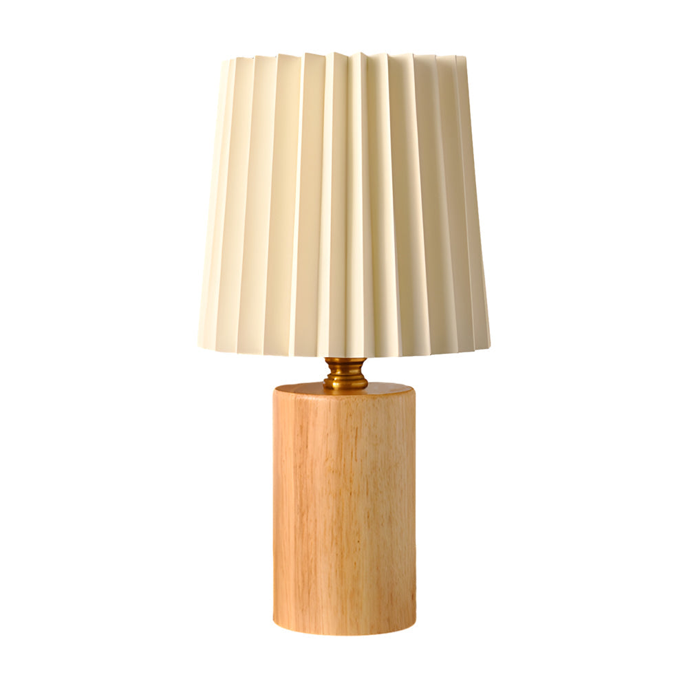 Modern Wood Column Table Lamp with Pleated Empire Fabric Shade for Bedroom and Office