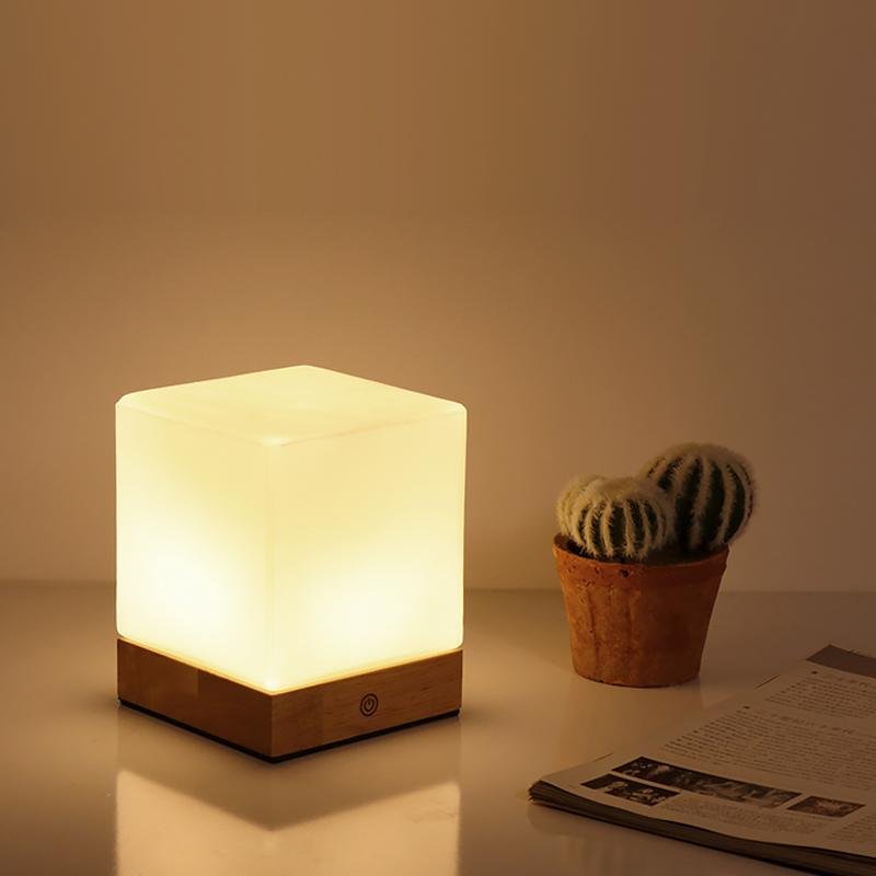 Modern Wood Cube LED Table Lamp with Opal Glass Shade and Remote Control
