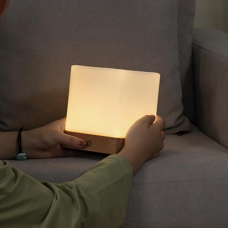 Modern Wood Cube LED Table Lamp with Opal Glass Shade and Remote Control