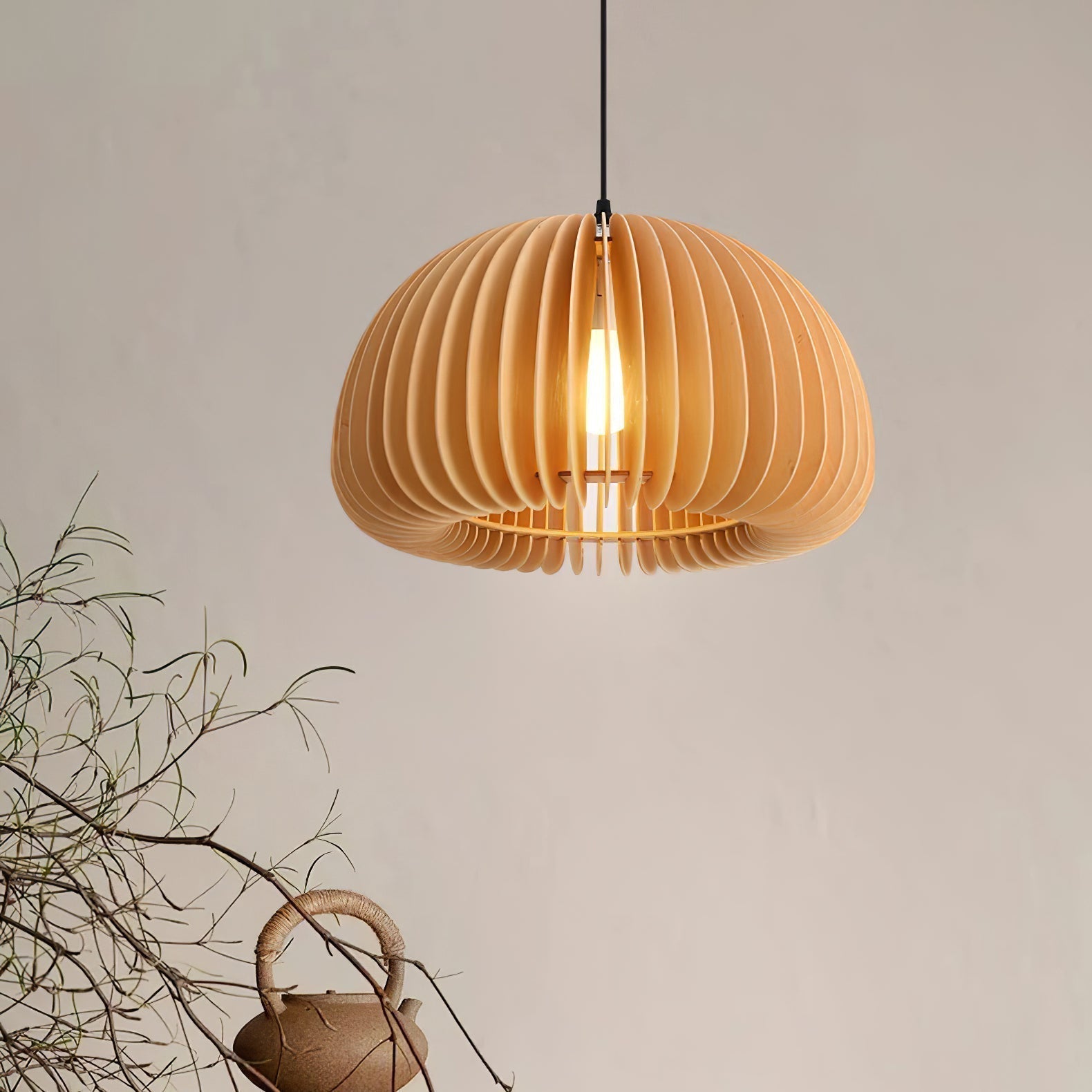 Modern Wooden Pumpkin Pendant Light Organic Nordic Style Ceiling Hanging Lamp