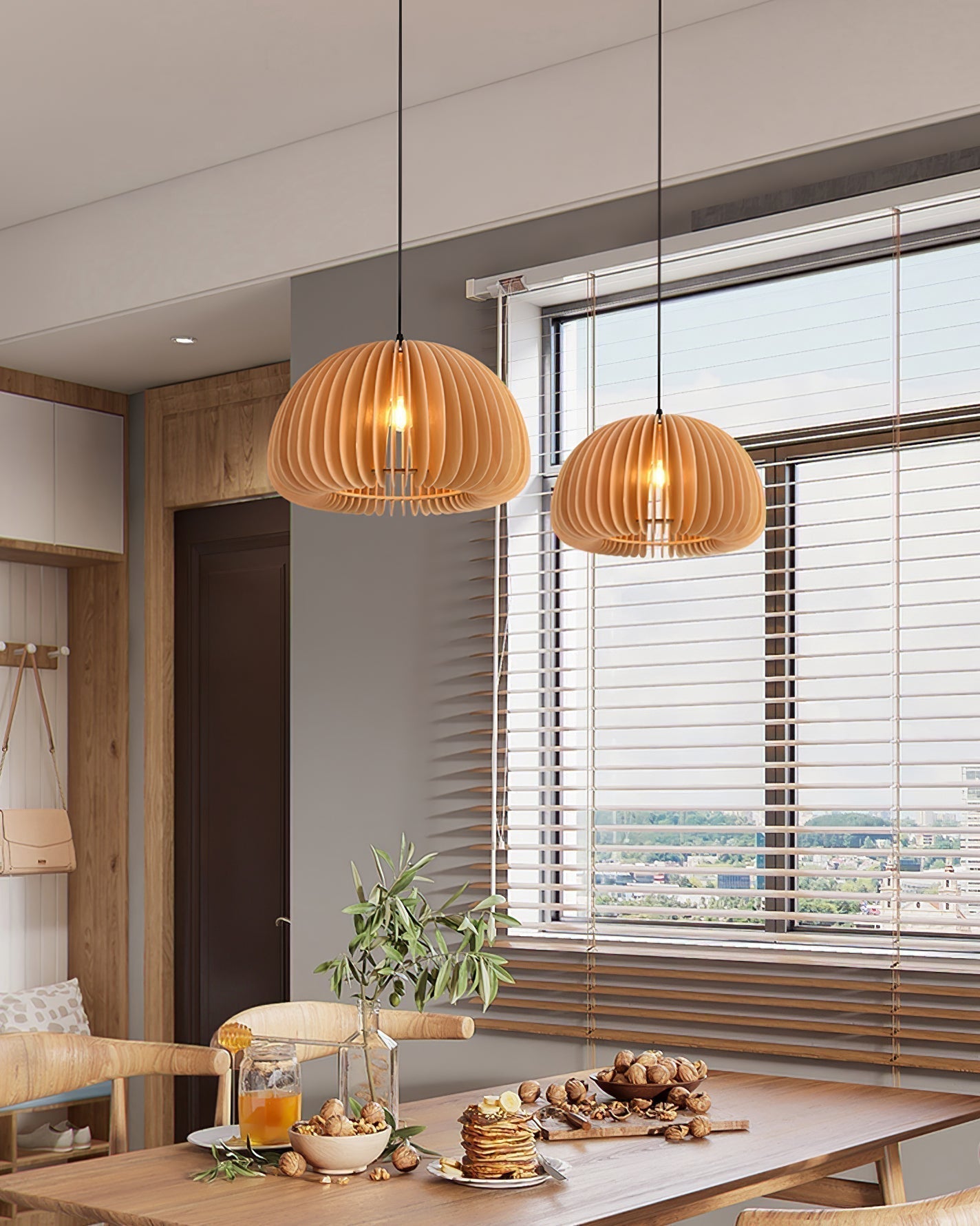 Modern Wooden Pumpkin Pendant Light Organic Nordic Style Ceiling Hanging Lamp