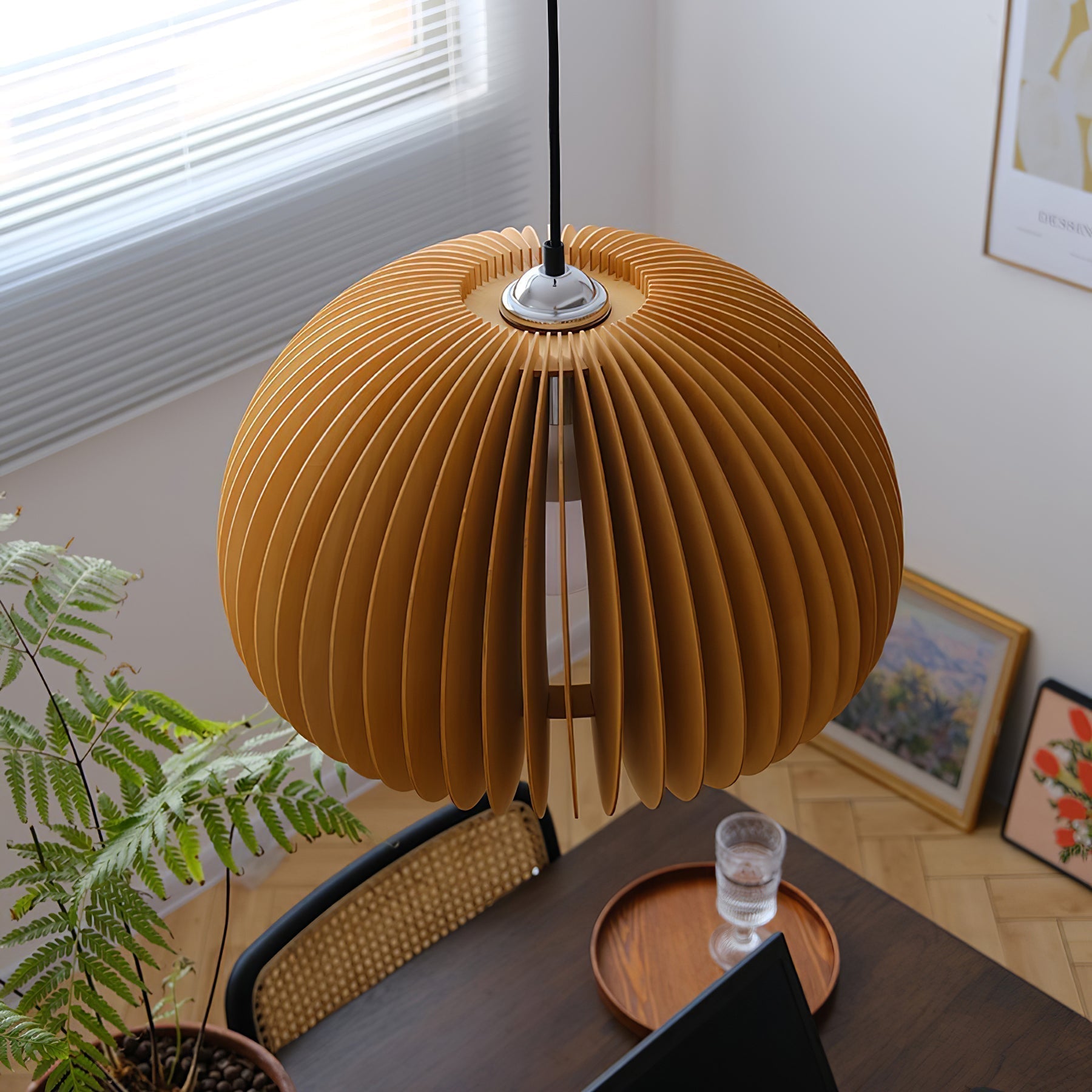 Modern Wooden Pumpkin Pendant Light Organic Nordic Style Ceiling Hanging Lamp