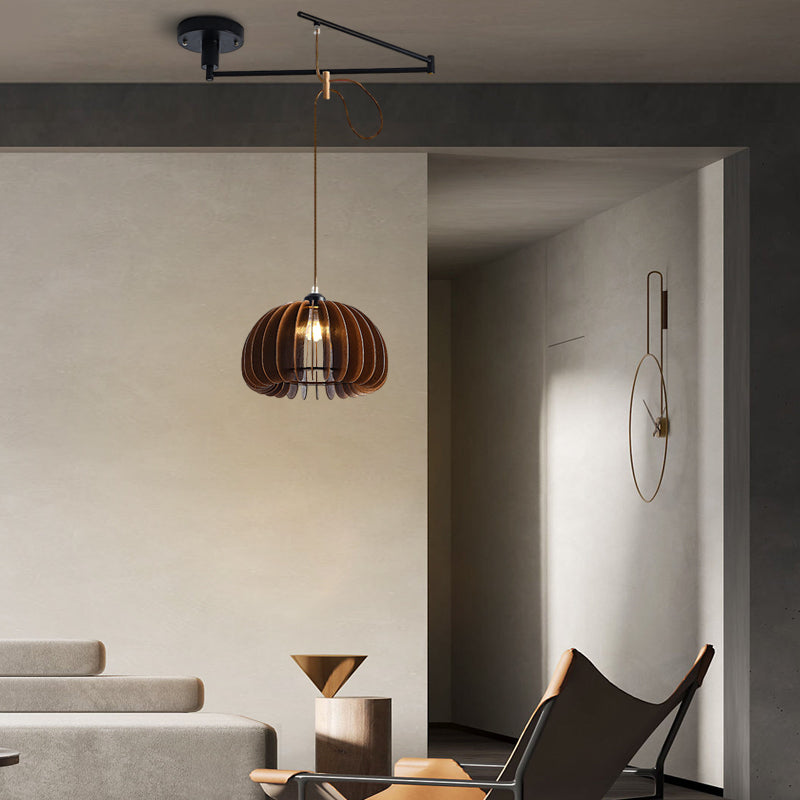 Modern Wooden Swing Arm Pendant Light Adjustable Umbrella Chandelier with 3 Color Dimming