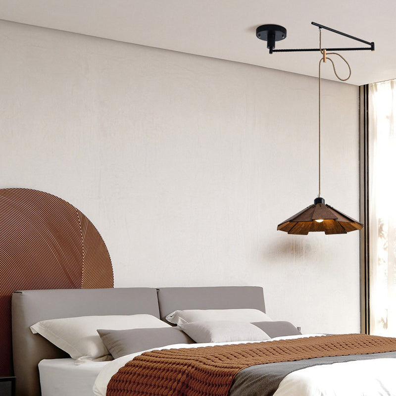 Modern Wooden Swing Arm Pendant Light Adjustable Umbrella Chandelier with 3 Color Dimming