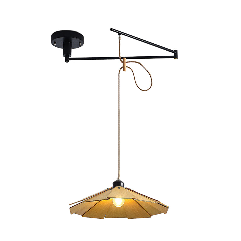Modern Wooden Swing Arm Pendant Light Adjustable Umbrella Chandelier with 3 Color Dimming