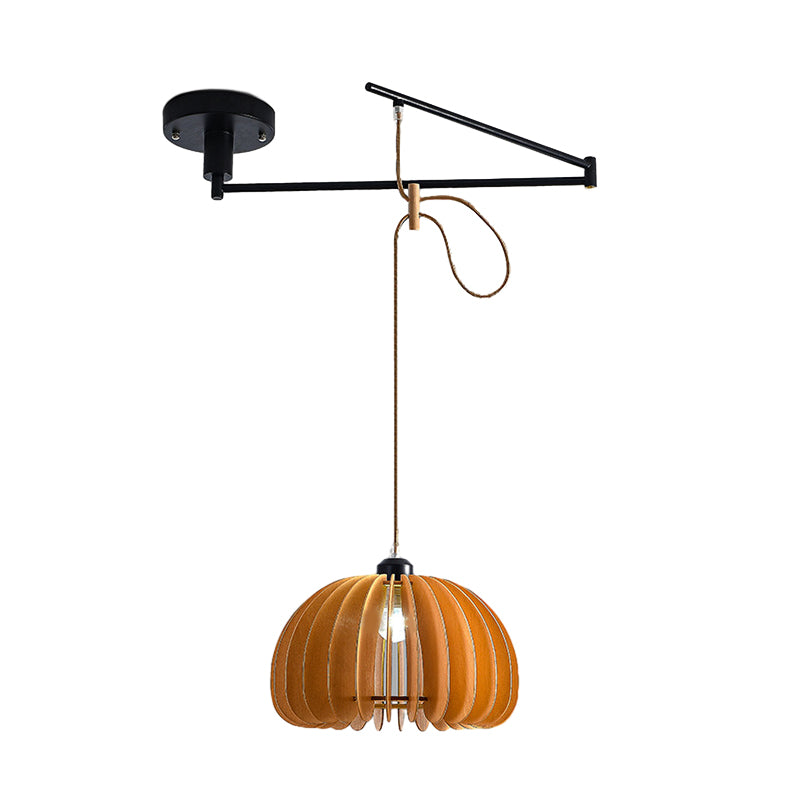 Modern Wooden Swing Arm Pendant Light Adjustable Umbrella Chandelier with 3 Color Dimming