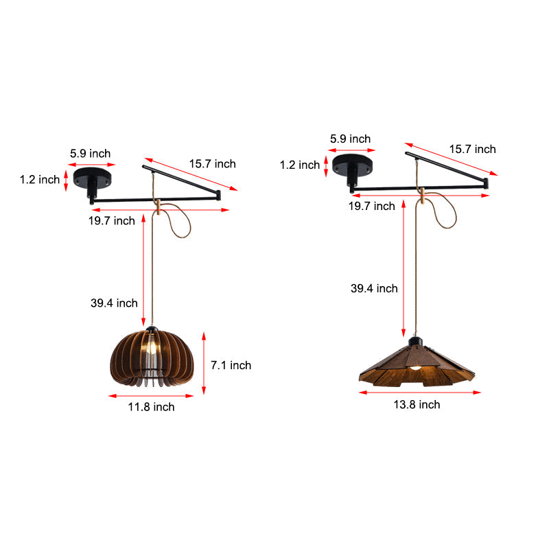Modern Wooden Swing Arm Pendant Light Adjustable Umbrella Chandelier with 3 Color Dimming