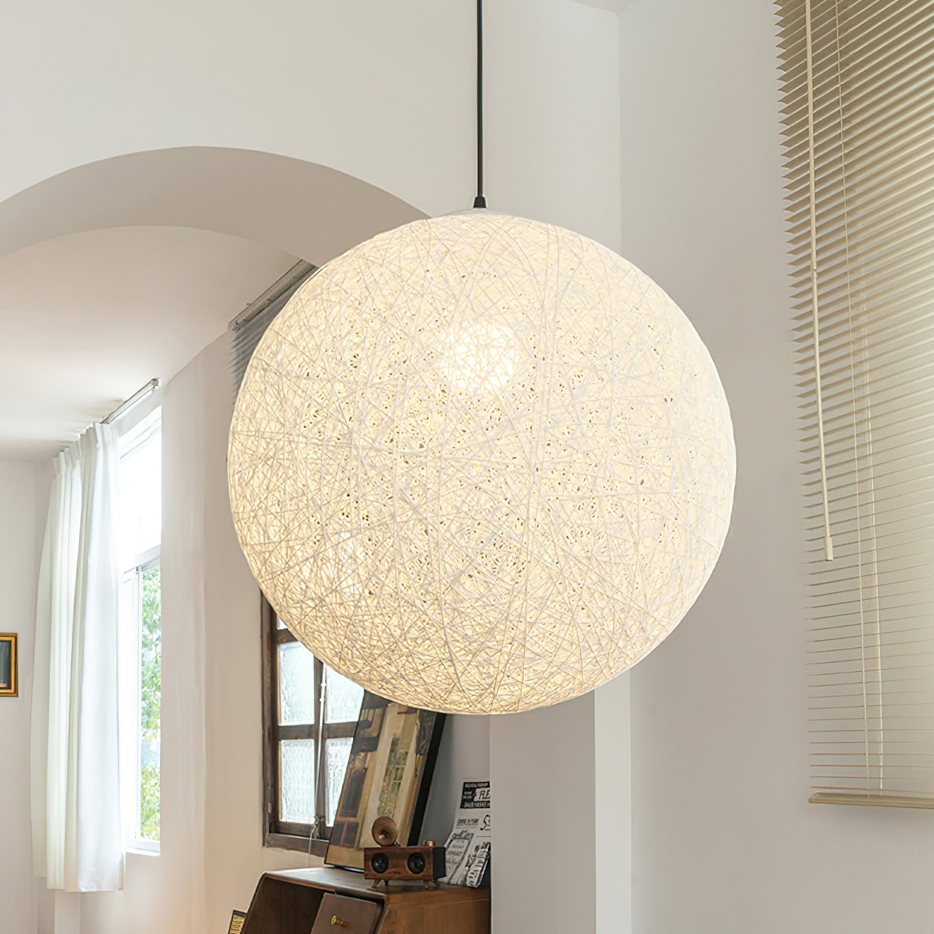 Modern Woven Hemp Rattan Sphere Pendant Light Organic Nest Style Ceiling Fixture