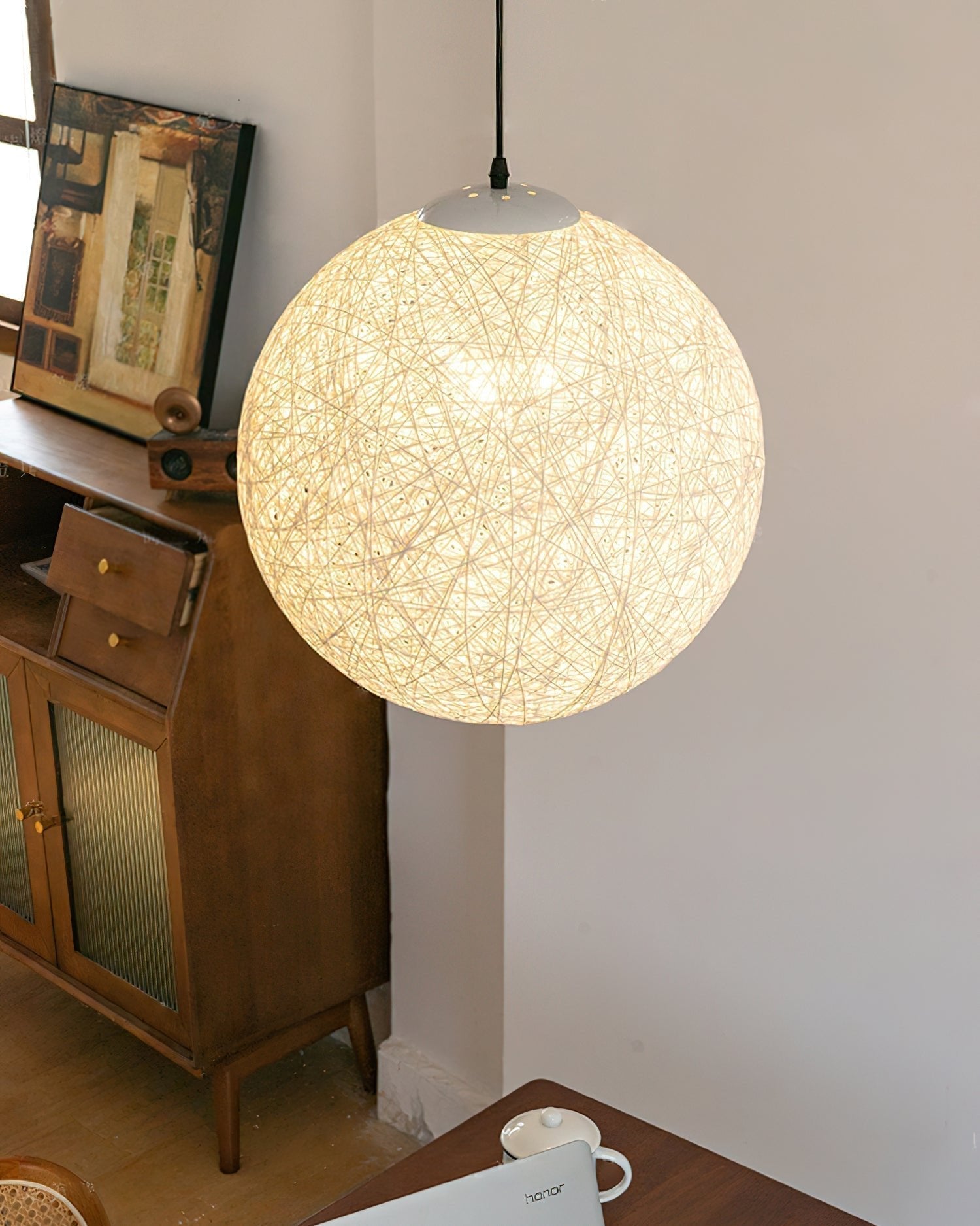 Modern Woven Hemp Rattan Sphere Pendant Light Organic Nest Style Ceiling Fixture