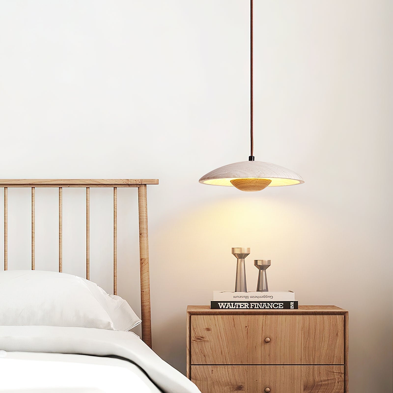 Modern Yellow Travertine and Solid Wood LED Pendant Lamp Natural Stone Hanging Ceiling Light