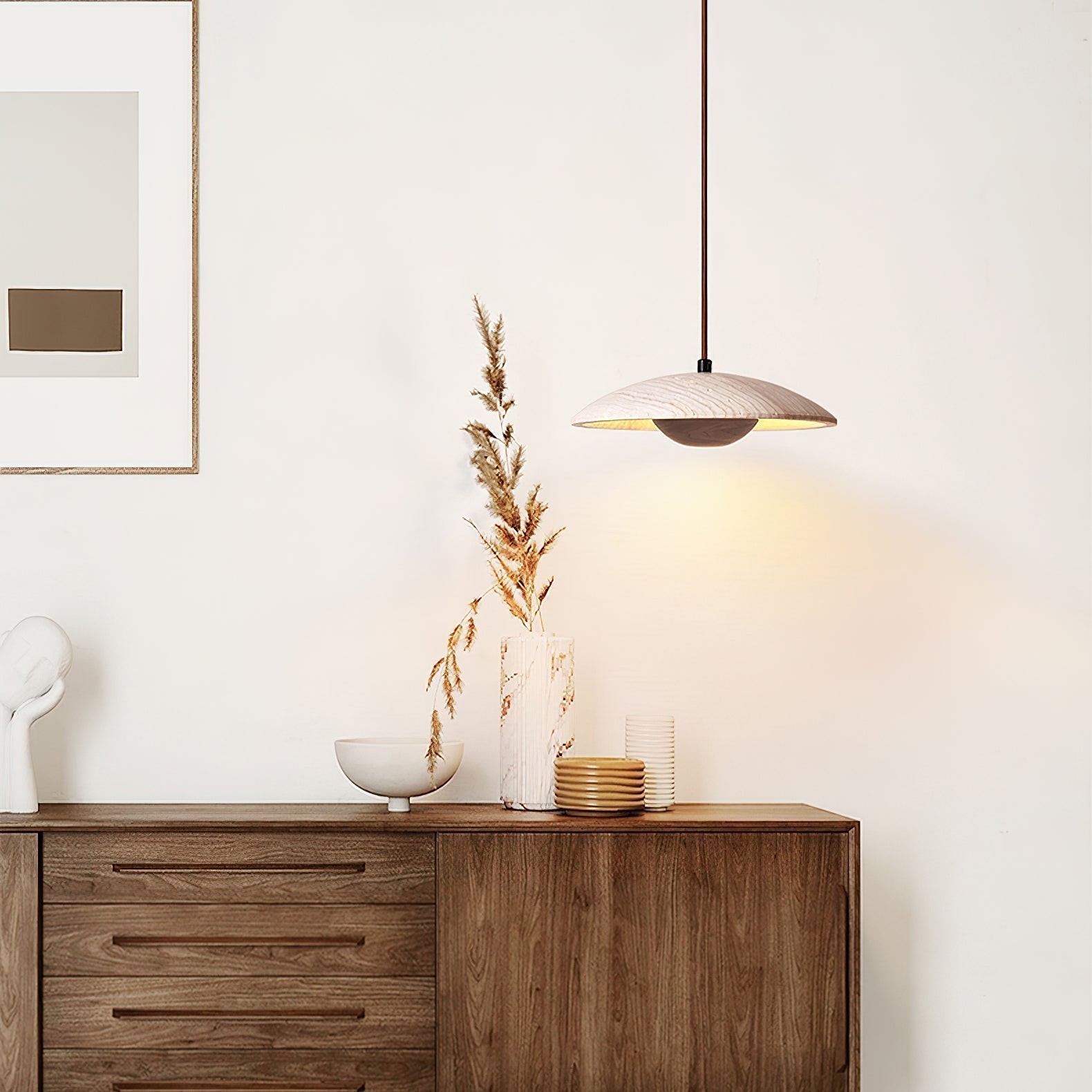 Modern Yellow Travertine and Solid Wood LED Pendant Lamp Natural Stone Hanging Ceiling Light