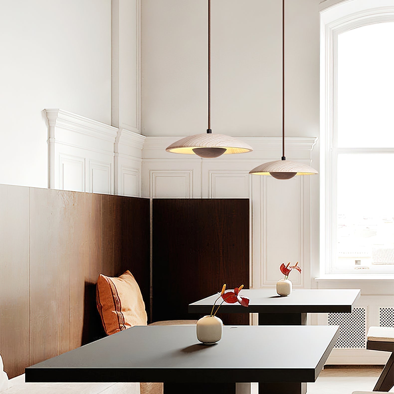 Modern Yellow Travertine and Solid Wood LED Pendant Lamp Natural Stone Hanging Ceiling Light