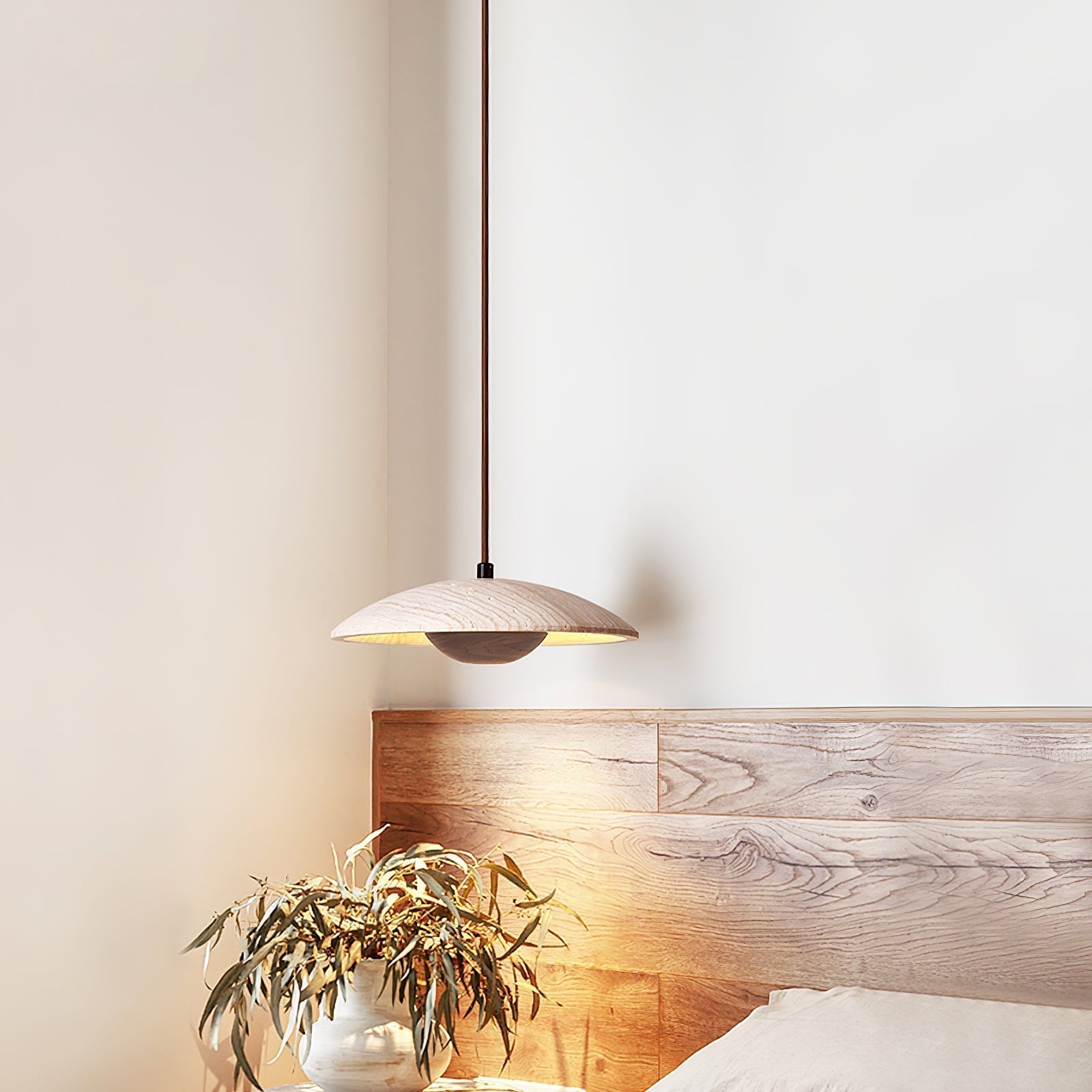 Modern Yellow Travertine and Solid Wood LED Pendant Lamp Natural Stone Hanging Ceiling Light