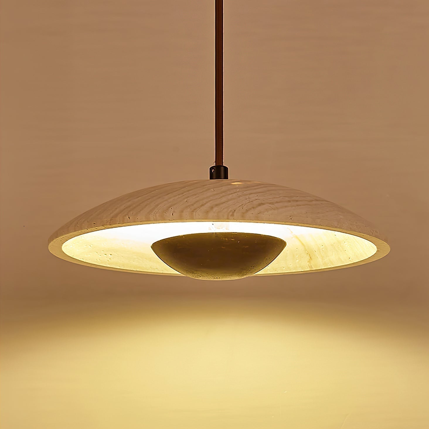 Modern Yellow Travertine and Solid Wood LED Pendant Lamp Natural Stone Hanging Ceiling Light