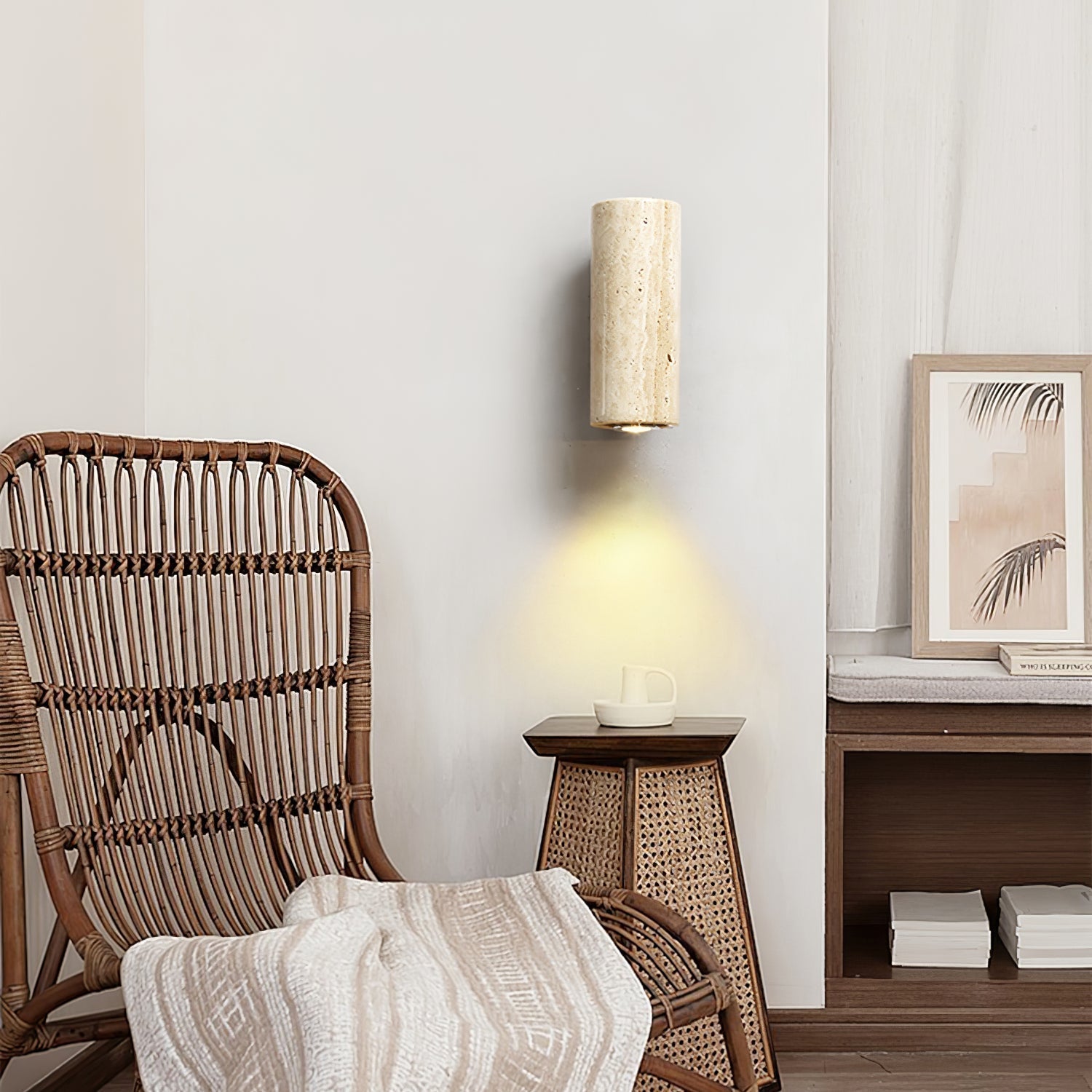 Modern Yellow Travertine LED Wall Sconce with Walnut Wood Bracket Lighting