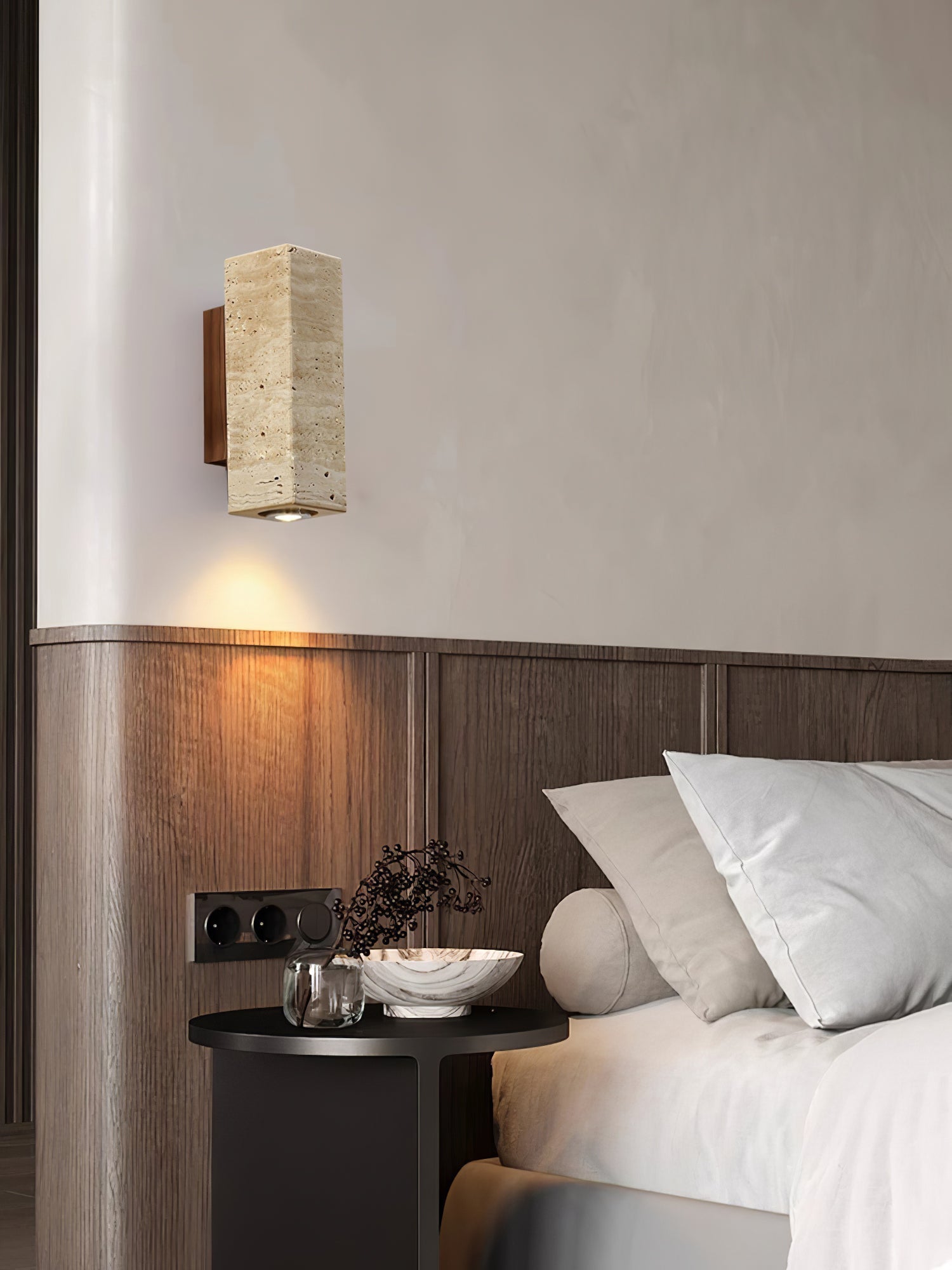 Modern Yellow Travertine LED Wall Sconce with Walnut Wood Bracket Lighting