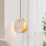 Modern Yellow Travertine Stone Disc Pendant Light Minimalist Circular Hanging Lamp