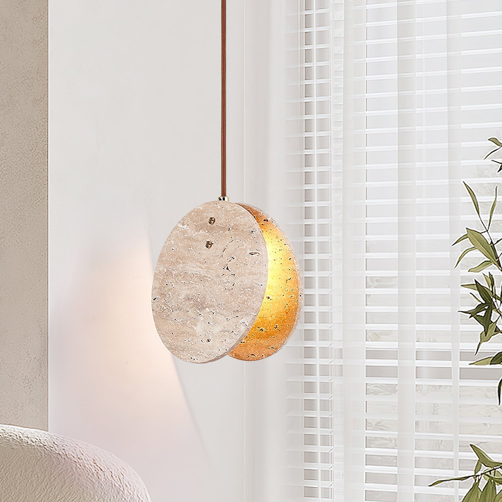 Modern Yellow Travertine Stone Disc Pendant Light Minimalist Circular Hanging Lamp