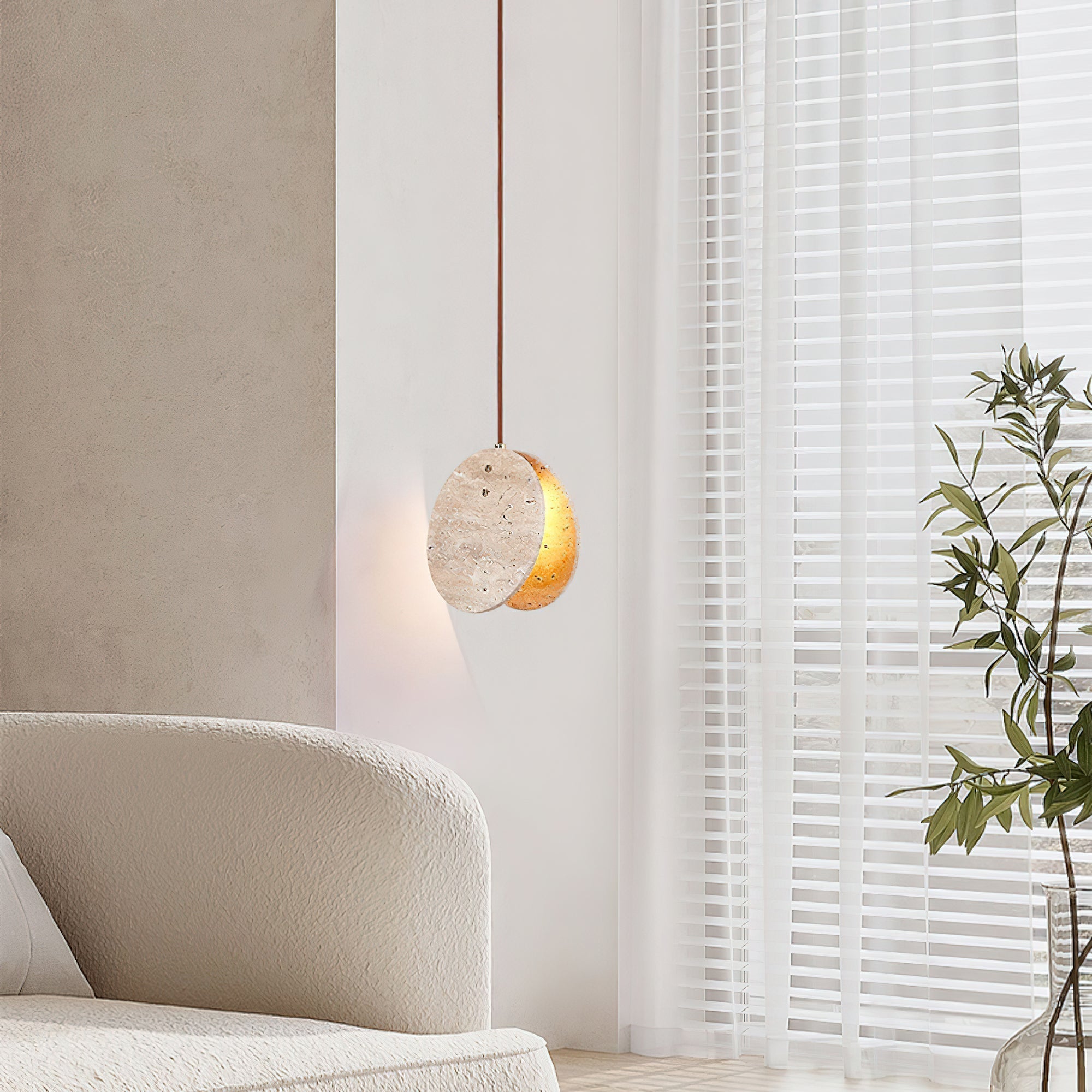 Modern Yellow Travertine Stone Disc Pendant Light Minimalist Circular Hanging Lamp