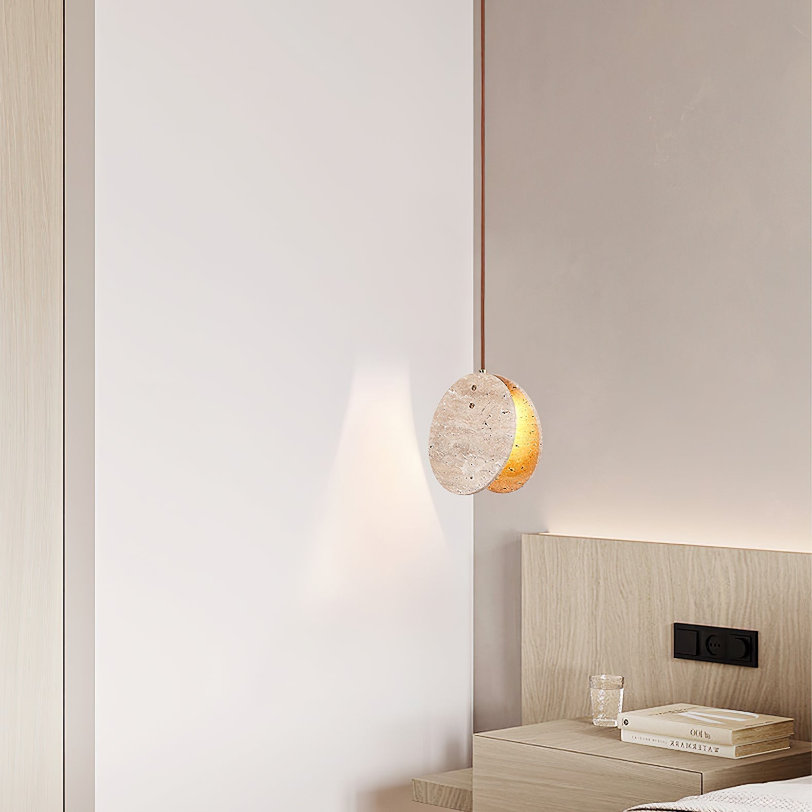 Modern Yellow Travertine Stone Disc Pendant Light Minimalist Circular Hanging Lamp