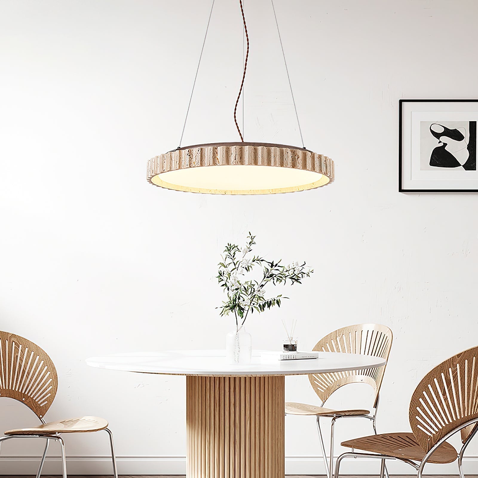 Modern Yellow Travertine Stone LED Pendant Light Grove Circle Ceiling Hanging Lamp for Kitchen