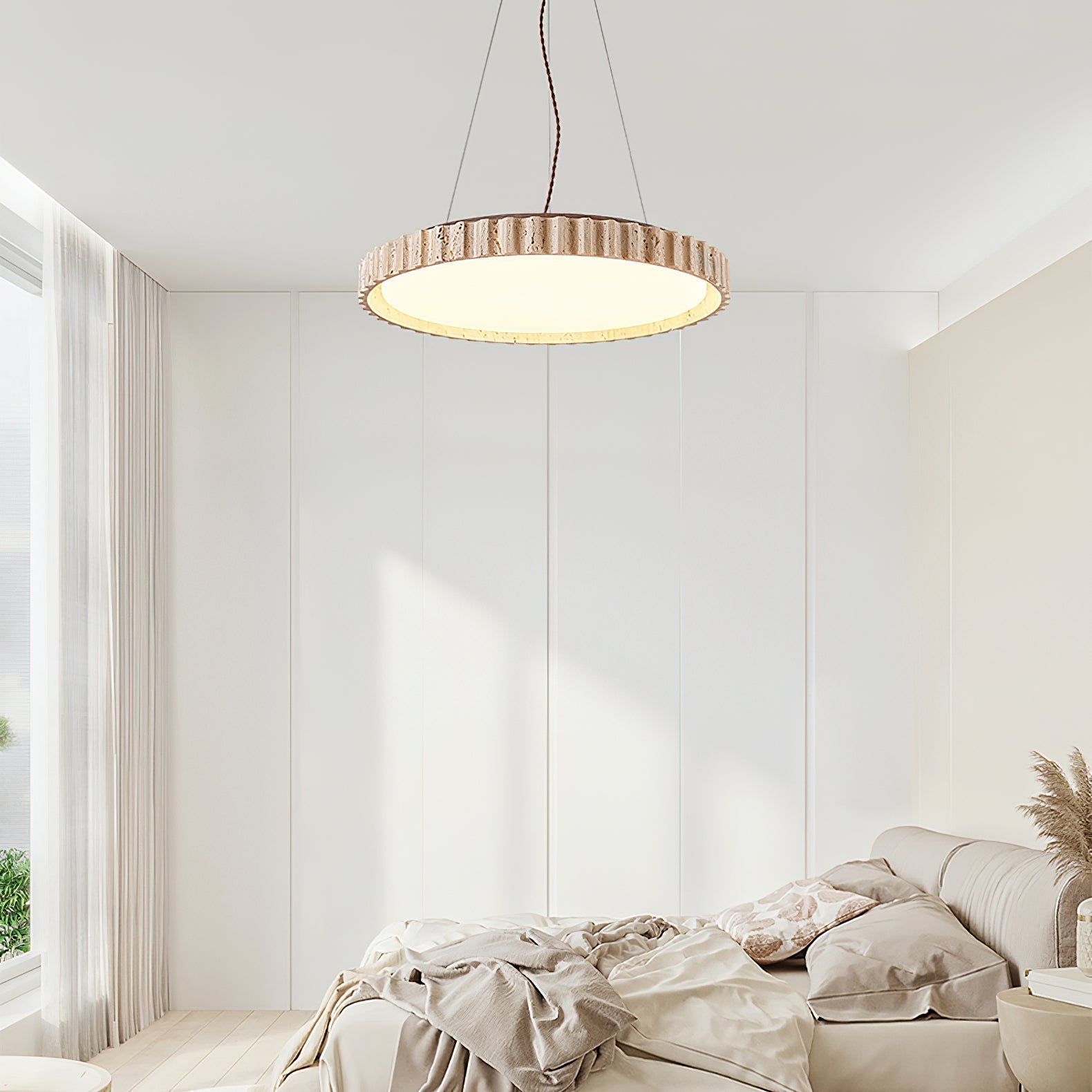 Modern Yellow Travertine Stone LED Pendant Light Grove Circle Ceiling Hanging Lamp for Kitchen