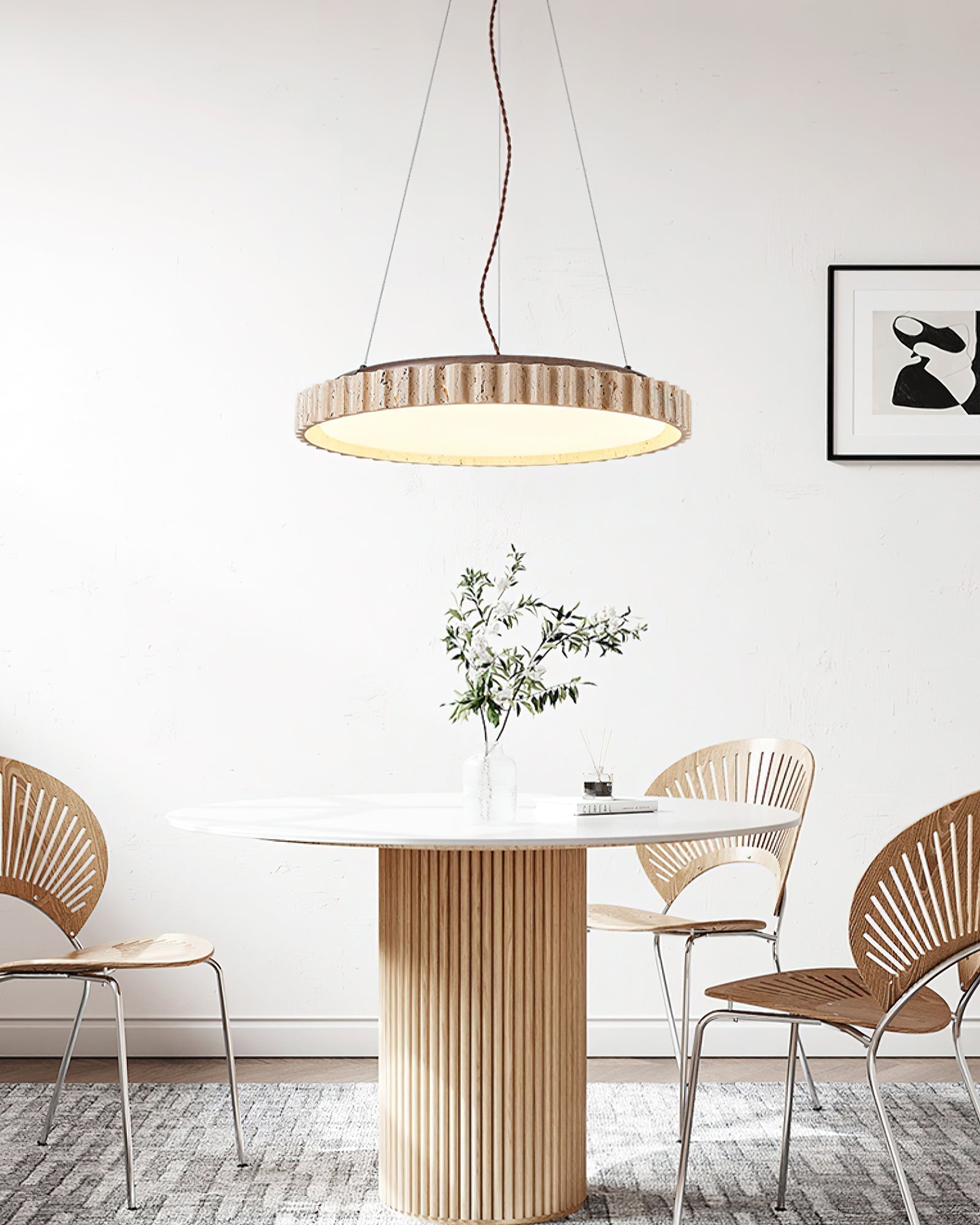 Modern Yellow Travertine Stone LED Pendant Light Grove Circle Ceiling Hanging Lamp for Kitchen
