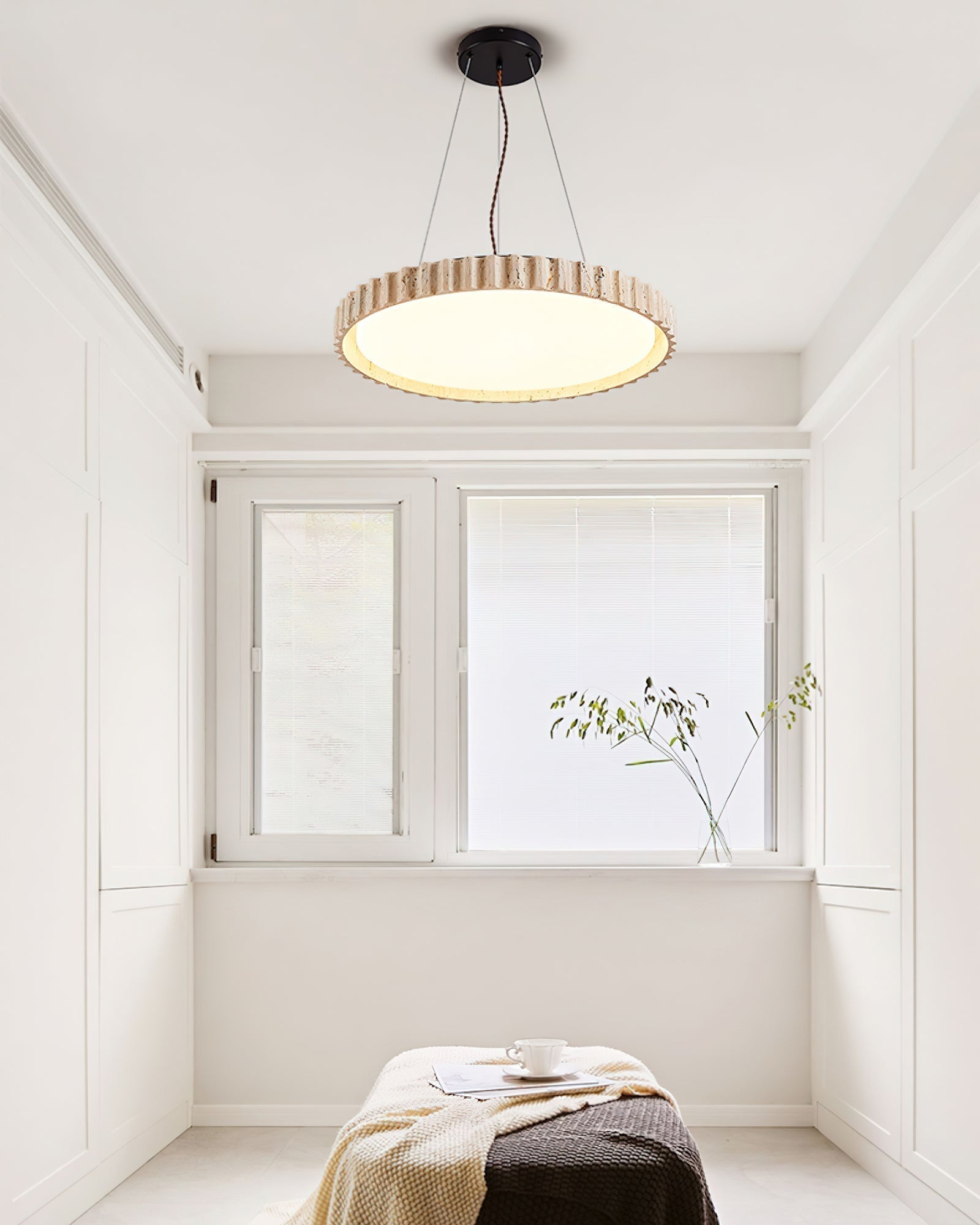 Modern Yellow Travertine Stone LED Pendant Light Grove Circle Ceiling Hanging Lamp for Kitchen