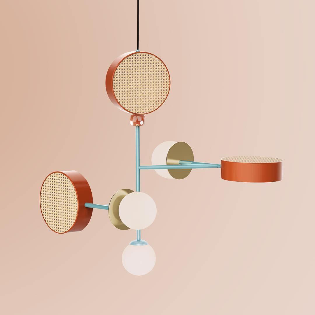 Monaco Modern Abstract Sculptural Pendant Light with Rattan and Glass Spheres